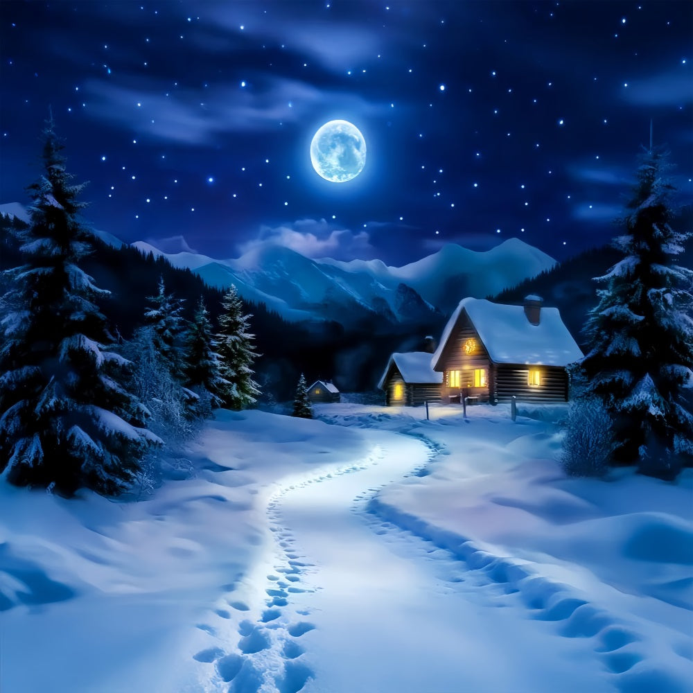 Toile de fond Hiver Chemin de Cabane Enneigé au Clair de Lune CSH58-244
