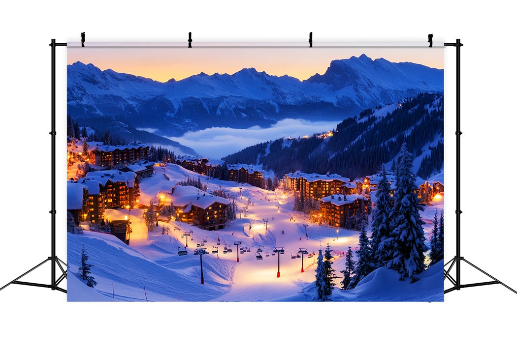 Toile de fond Hiver Village de Ski Alpin Illuminé CSH58-245