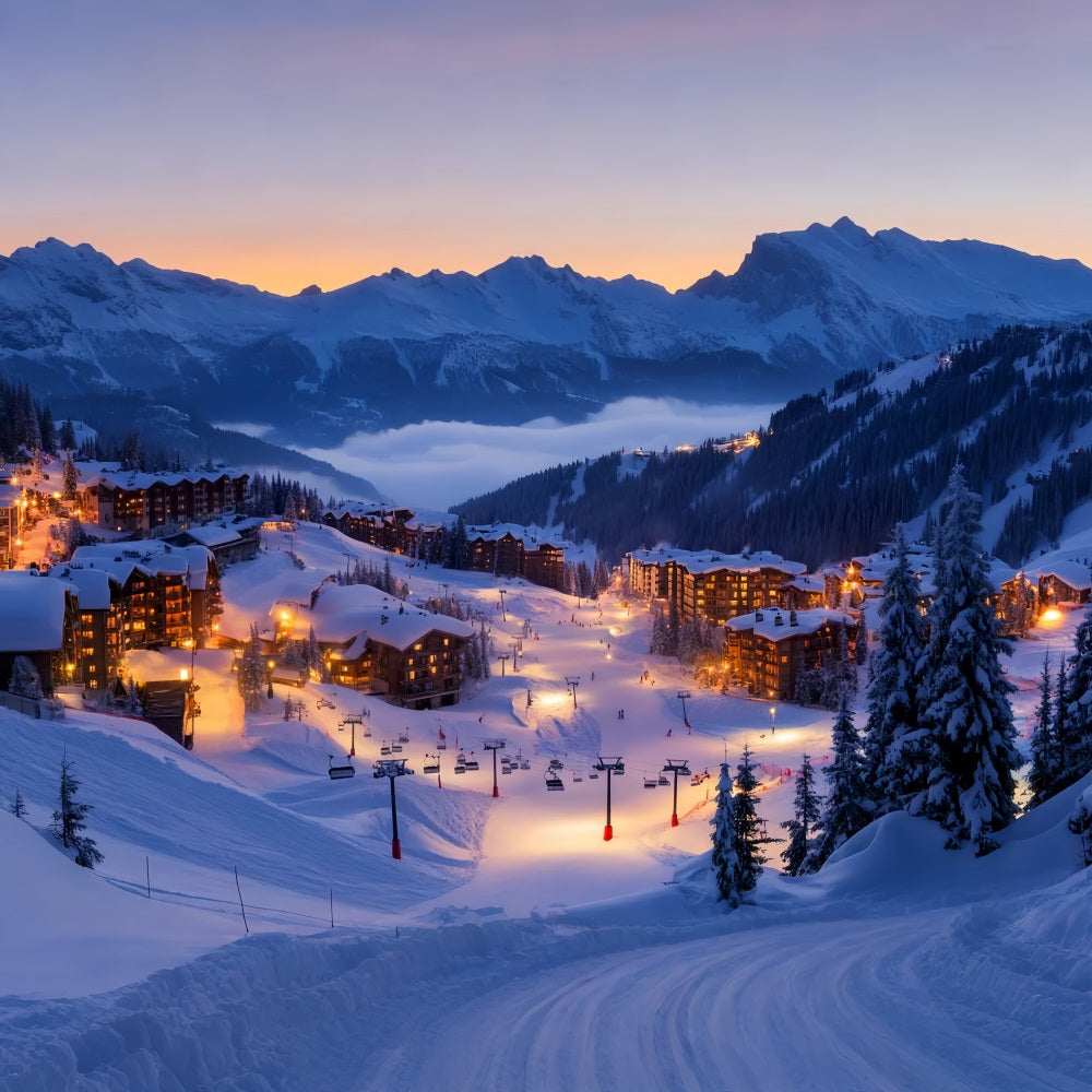 Toile de fond Hiver Village de Ski Alpin Illuminé CSH58-245
