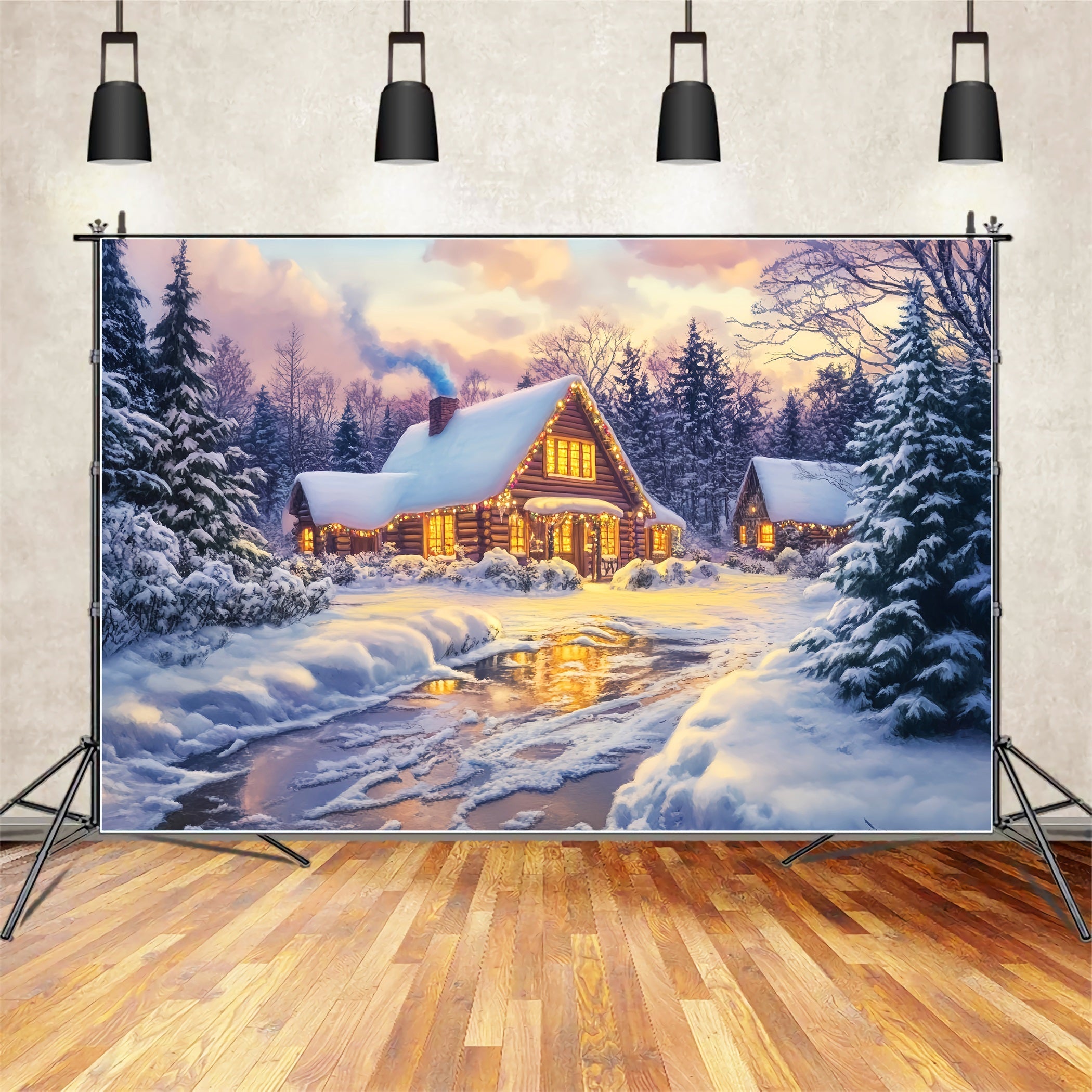Toile de fond Photo Hiver Cabane en Rondins Lueur Dorée CSH58-246