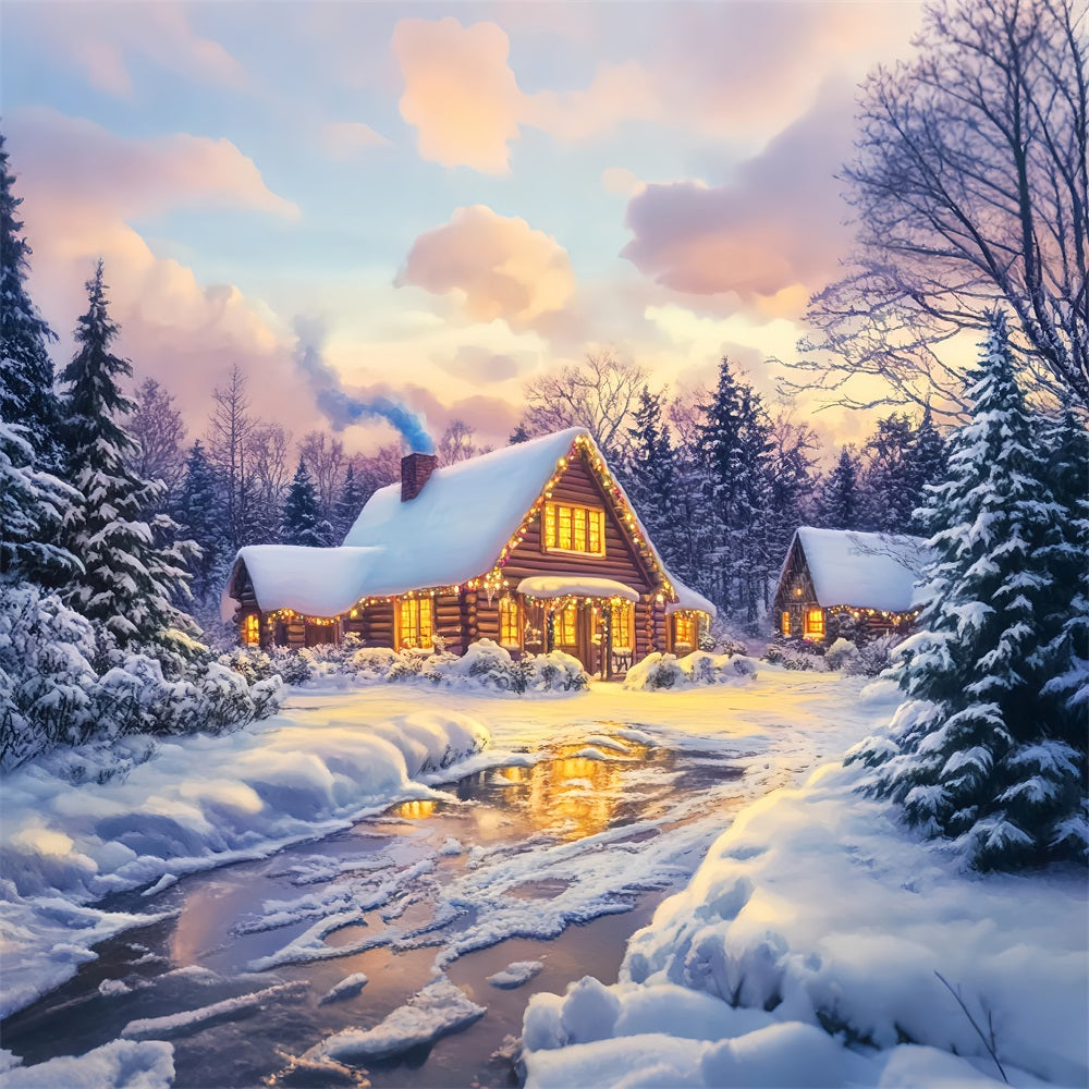 Toile de fond Photo Hiver Cabane en Rondins Lueur Dorée CSH58-246