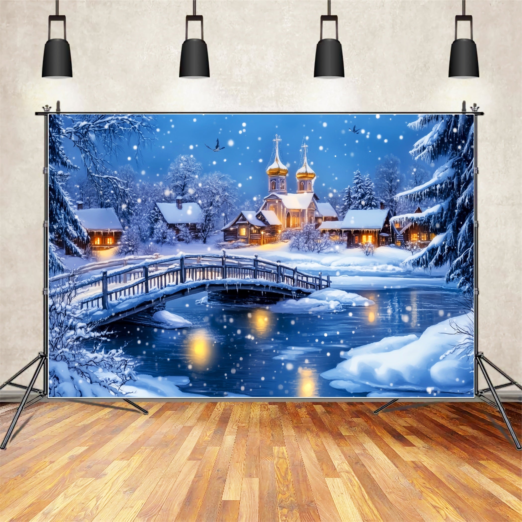 Toile de fond Hiver Pont Enneigé Église du Village CSH58-247