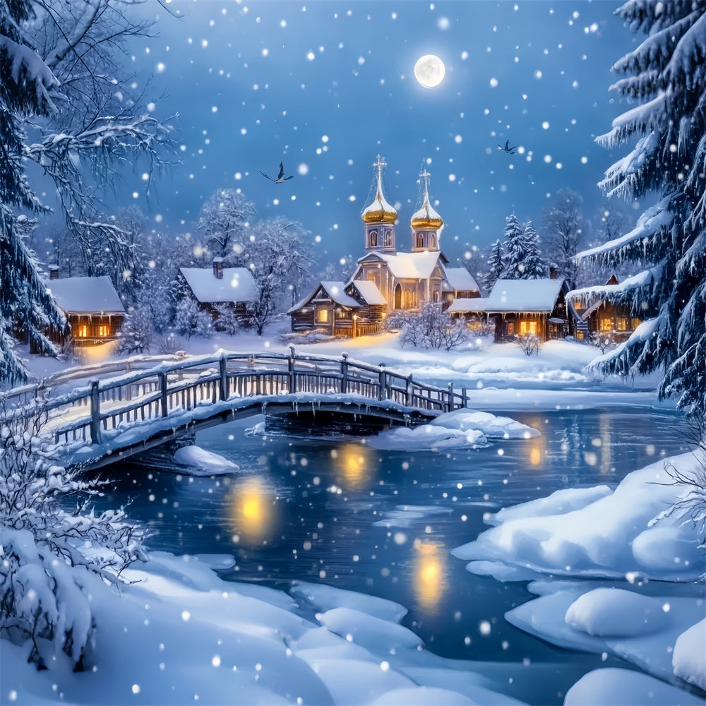 Toile de fond Hiver Pont Enneigé Église du Village CSH58-247