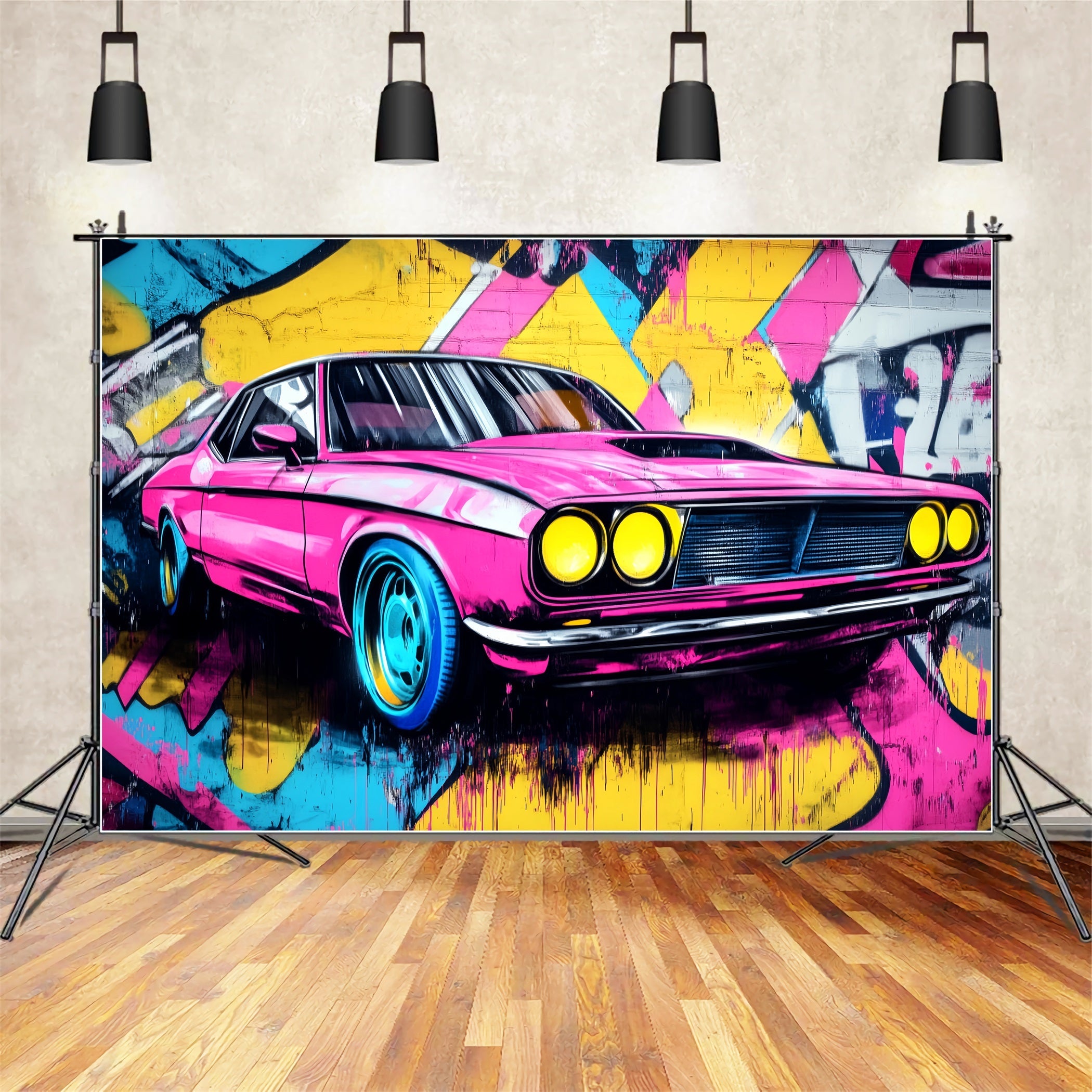 Fond Photo Graffiti Mur Voiture Muscle Rose Néon LXX58-265