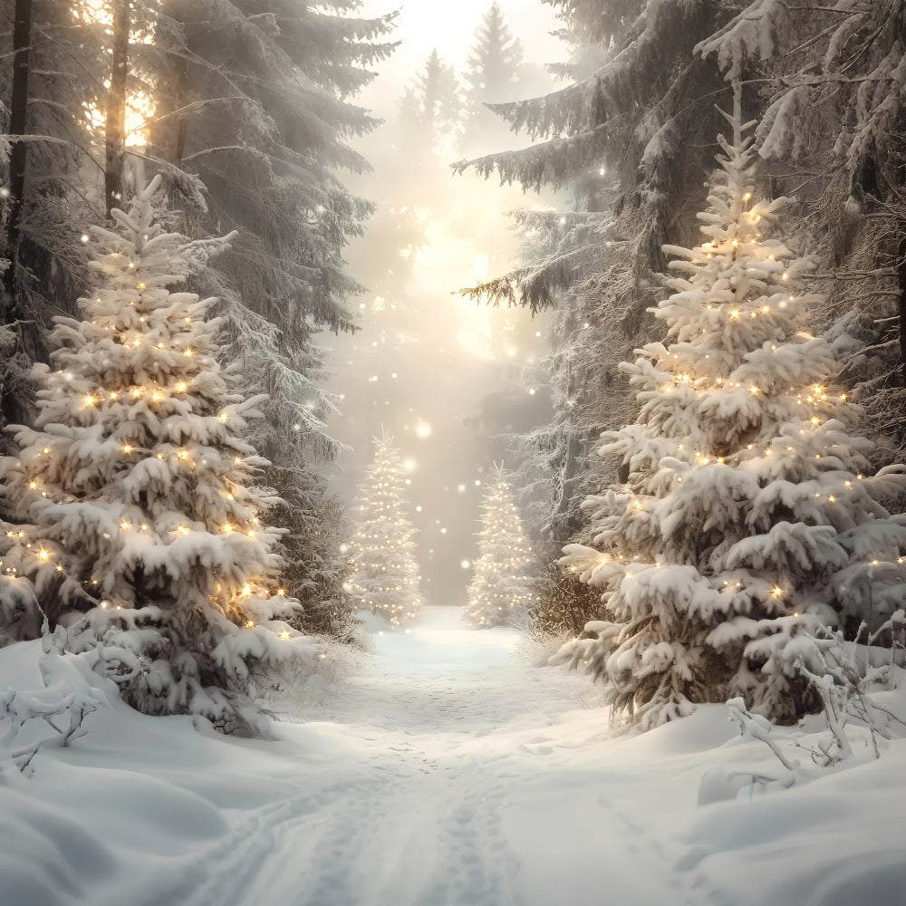 Toile de fond Forêt Hivernale Lumière Dorée Pins de Noël Neigeux LXX58-275