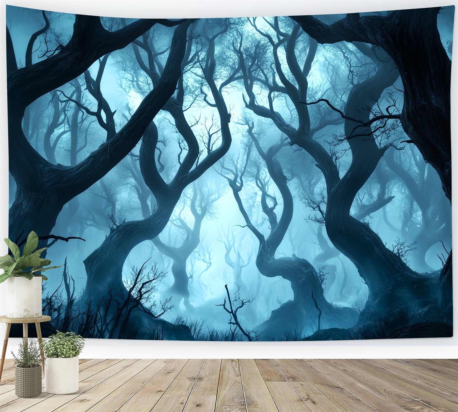 Toile de fond Forêt Sombre Effrayante Arbres Tordus Brume Bleue LXX58-280