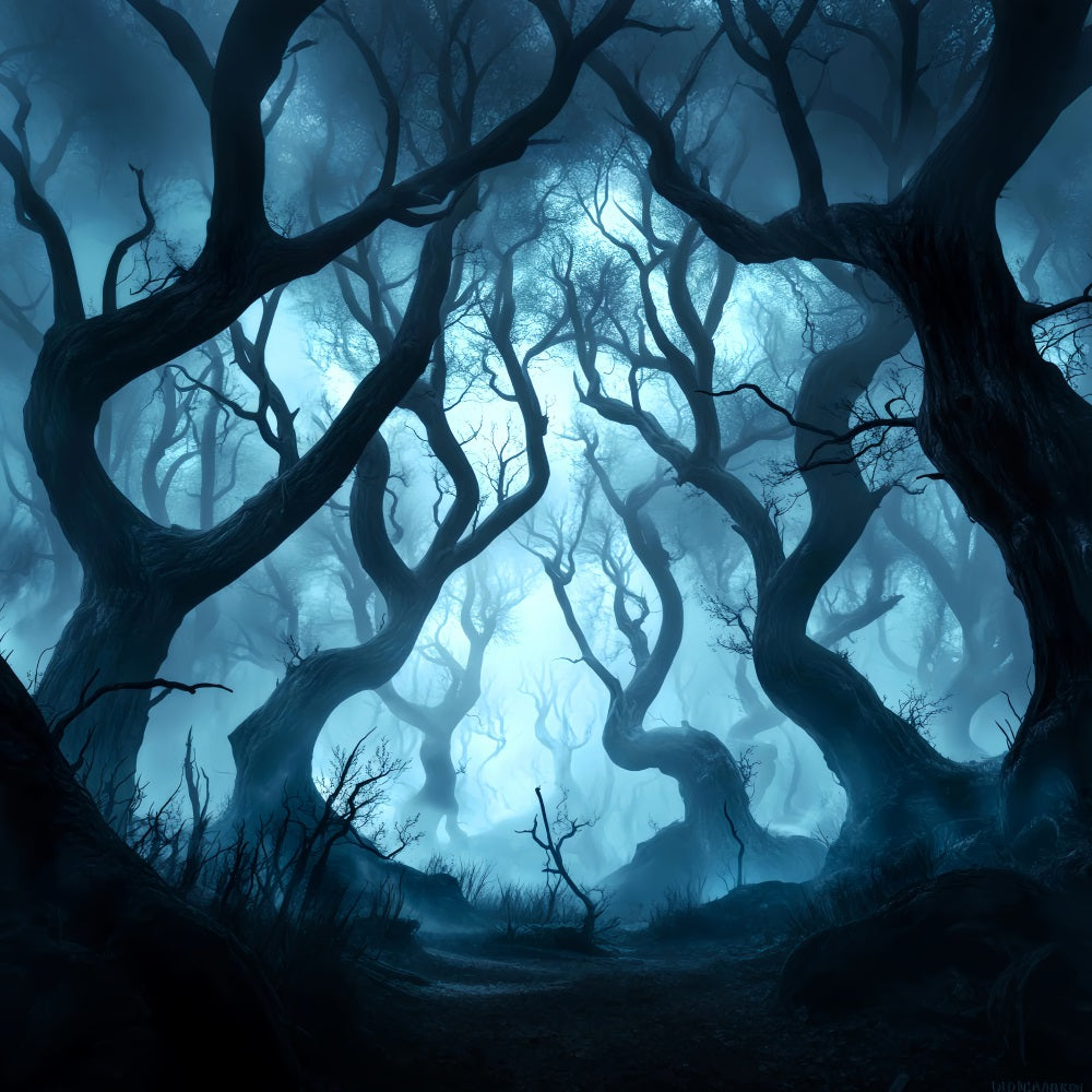 Toile de fond Forêt Sombre Effrayante Arbres Tordus Brume Bleue LXX58-280