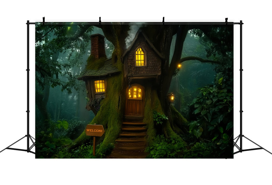 Toile de fond Forêt Effrayante Arbre Cabane Fantaisiste Lueur Lanterne LXX58-283