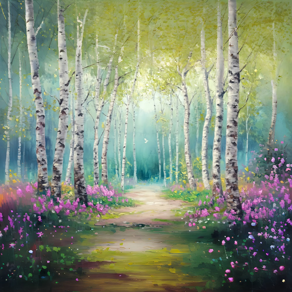 Toile de fond Forêt Enchantée Allée Fleurie Bosquet Bouleaux Conte Fée LXX58-288