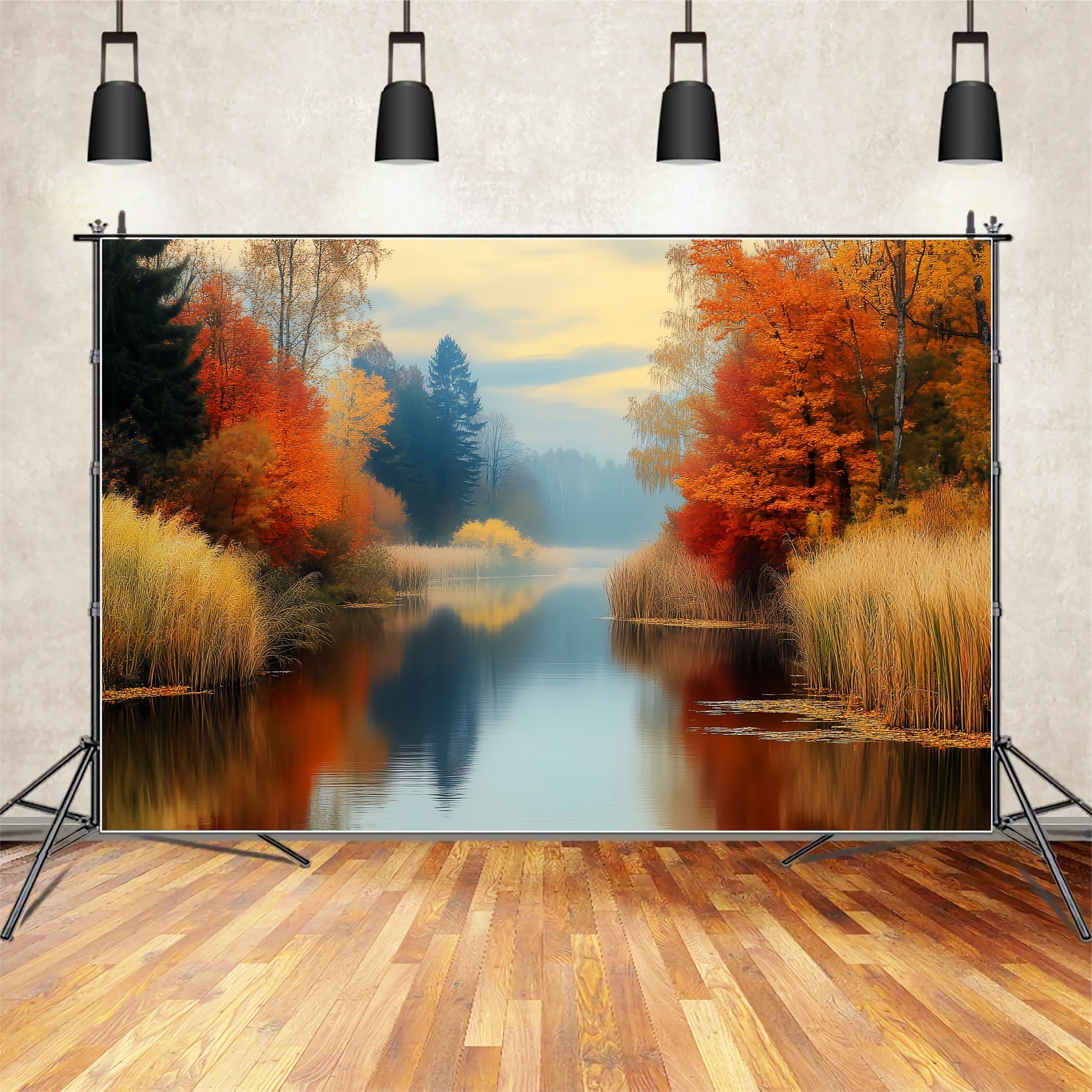 Toile de fond Forêt d’Automne Réflexion Dorée Rivière Automnale LXX58-299
