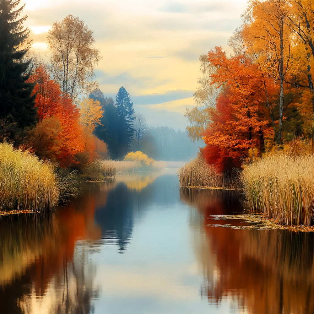 Toile de fond Forêt d’Automne Réflexion Dorée Rivière Automnale LXX58-299