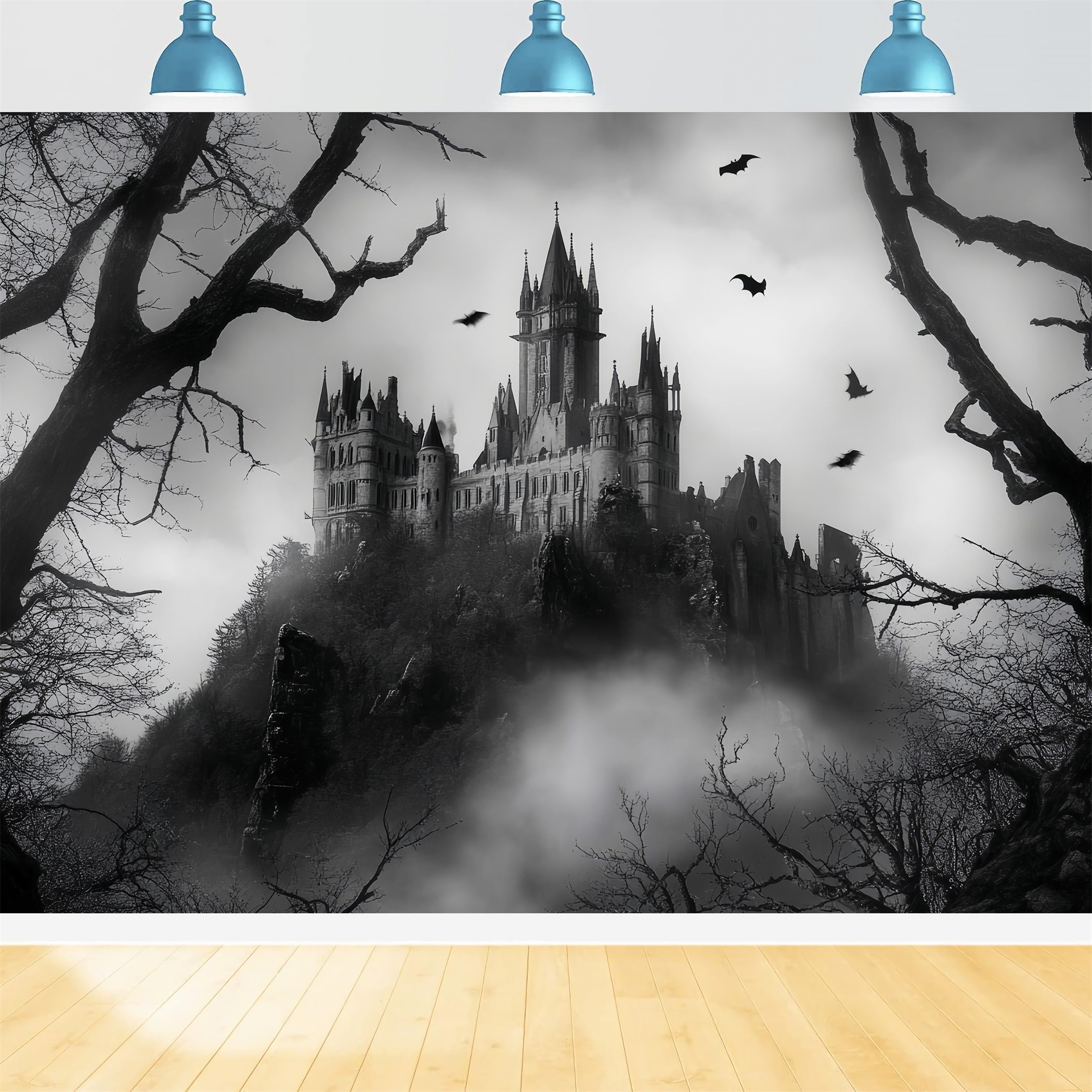 Toile de fond Forêt Nocturne Château Gothique Hanté Brume LXX58-301