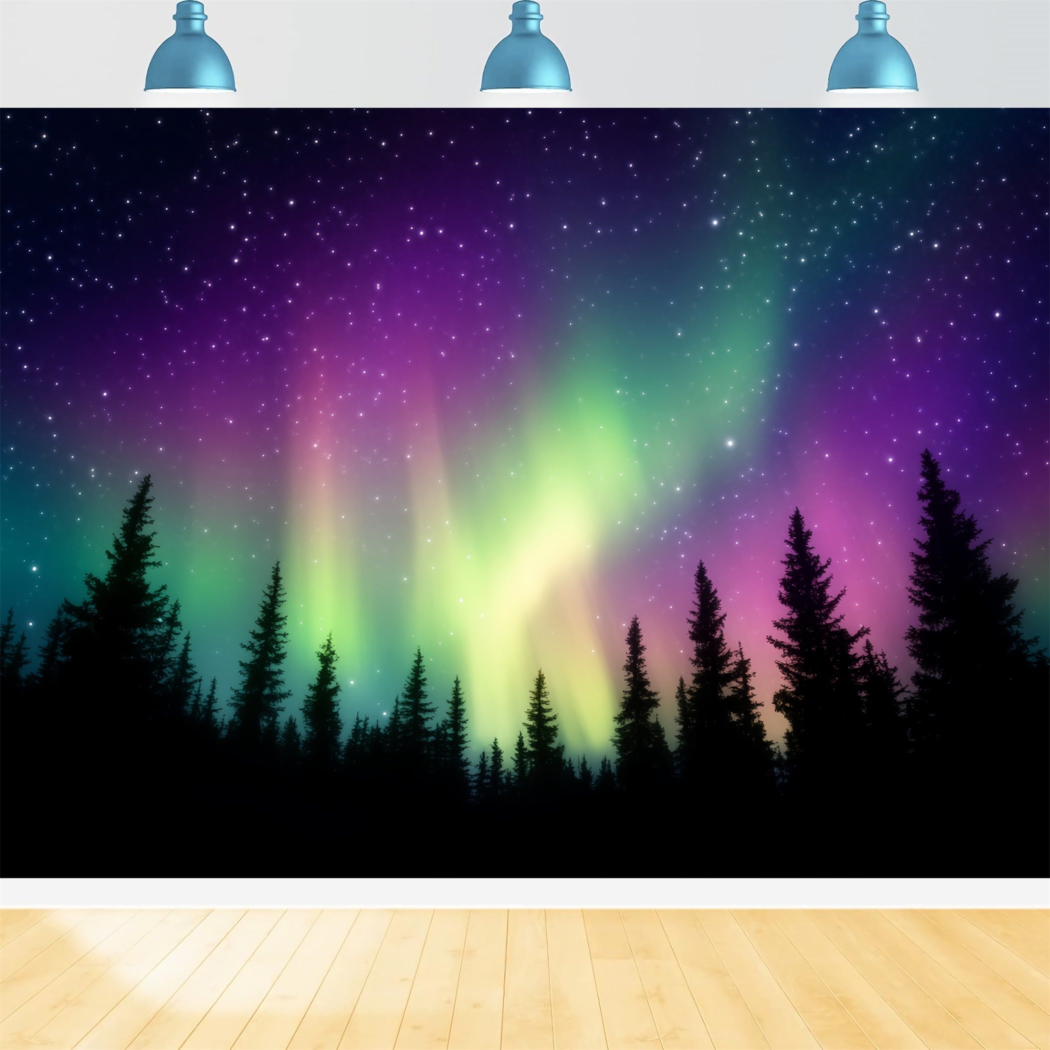 Toile de fond Forêt Nocturne Ciel Boréal Coloré Aurores LXX58-304