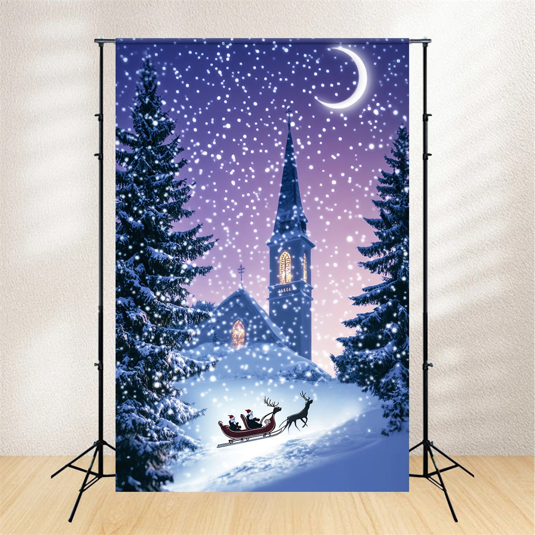 Toile de fond Forêt de Noël Église Traîneau Nuit d’Hiver Enneigée LXX58-306
