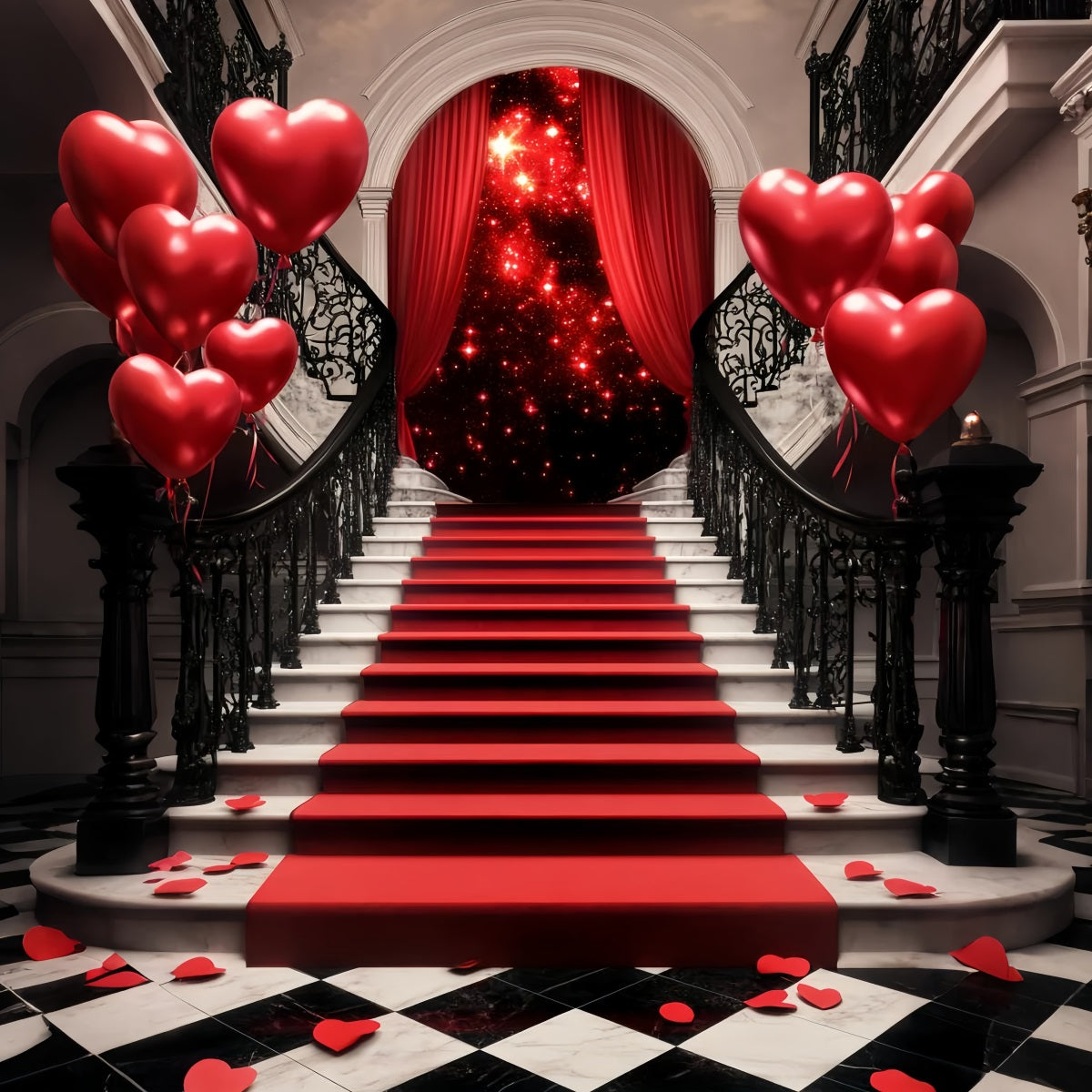 Toile de fond Tapis Rouge Escalier Romantique Ballons Cœur Scène LXX58-319