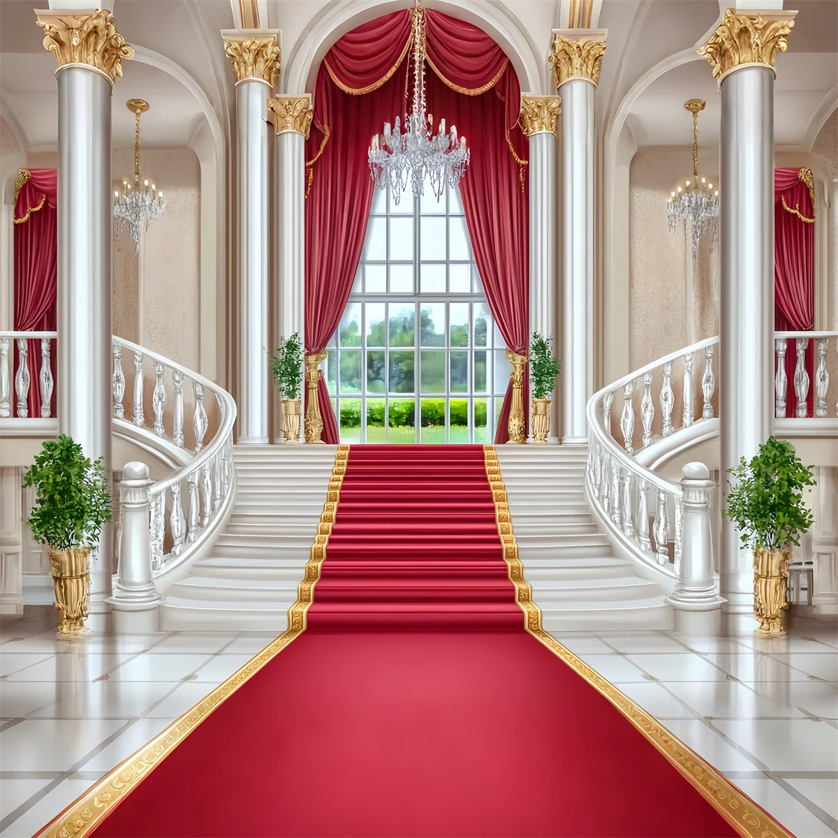 Toile de fond Tapis Rouge Escalier Palais Élégance Rouge LXX58-342