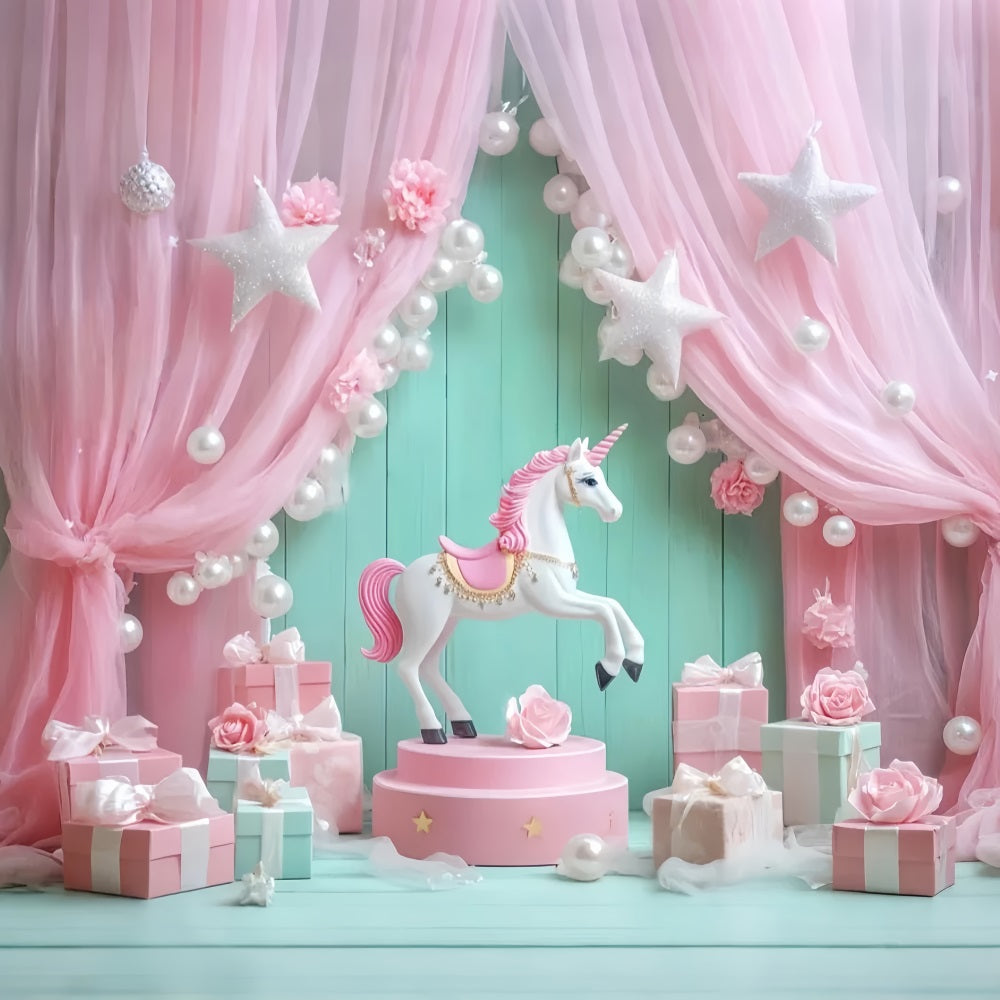Toile de fond Bébé Licorne Drapés Roses Cadeaux LXX58-348