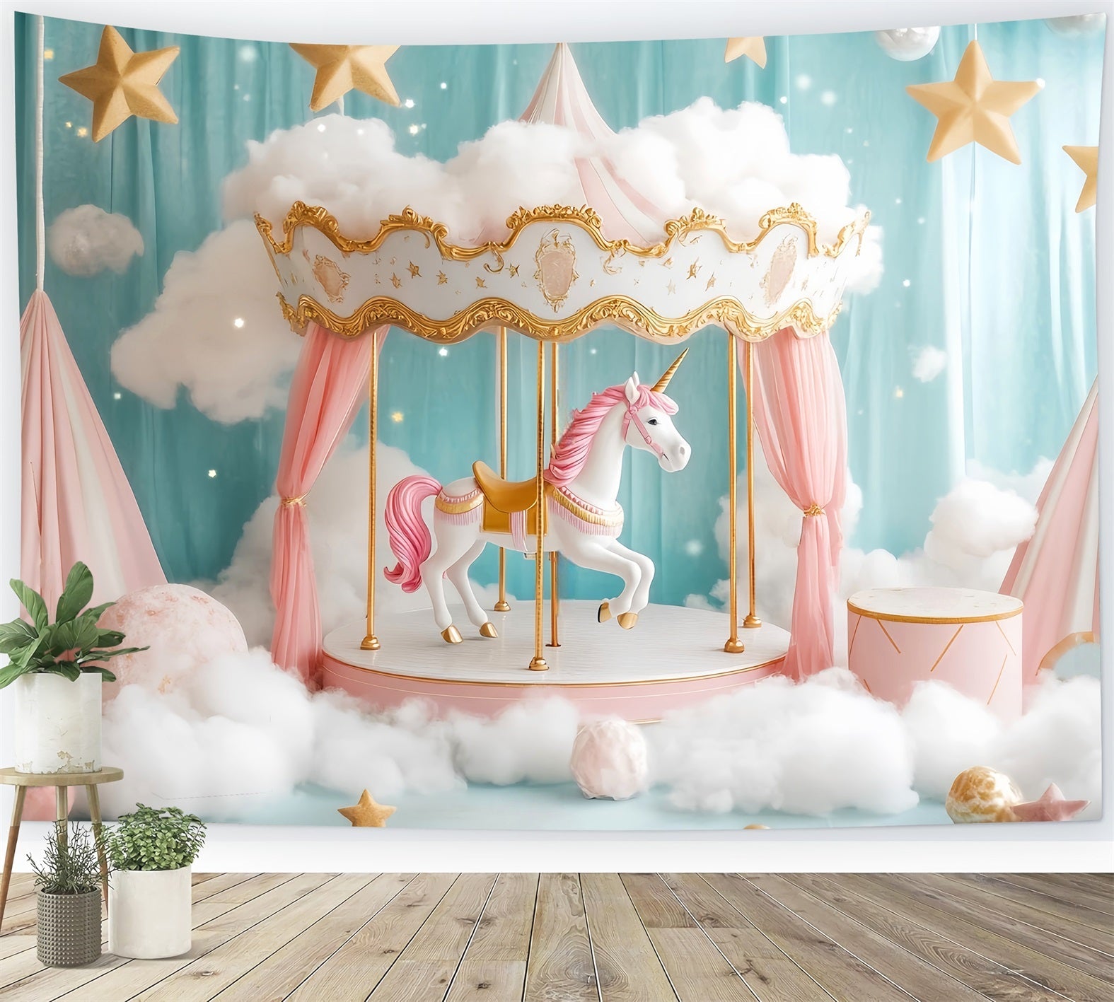 Toile de fond Nouveau-Né Licorne Carrousel Nuages Roses LXX58-355