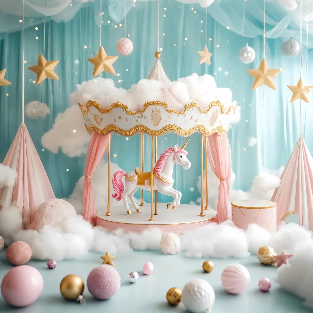 Toile de fond Nouveau-Né Licorne Carrousel Nuages Roses LXX58-355