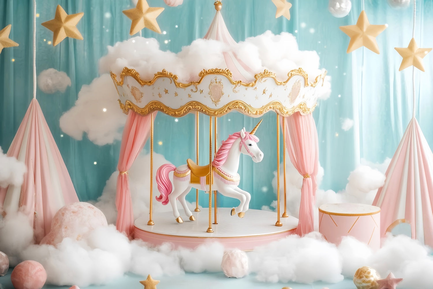 Toile de fond Nouveau-Né Licorne Carrousel Nuages Roses LXX58-355