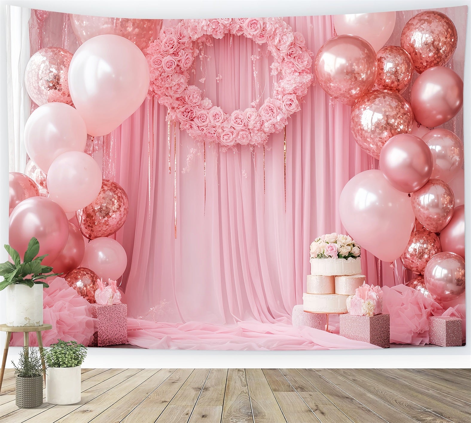 Toile de fond Nouveau-Né Roses Roses Couronne Ballons LXX58-356