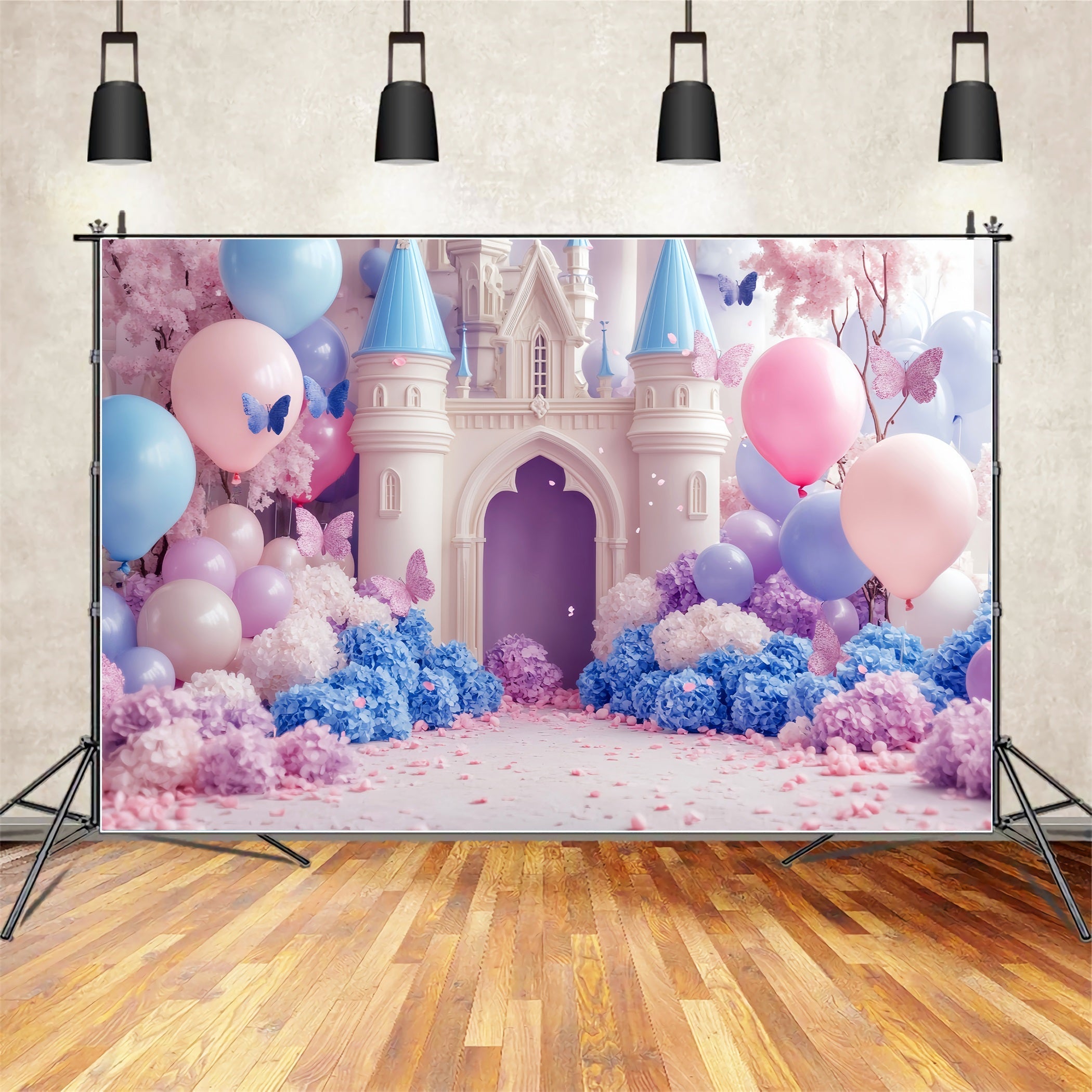 Toile de fond Nouveau-Né Château Pastel Ballons Papillons LXX58-366