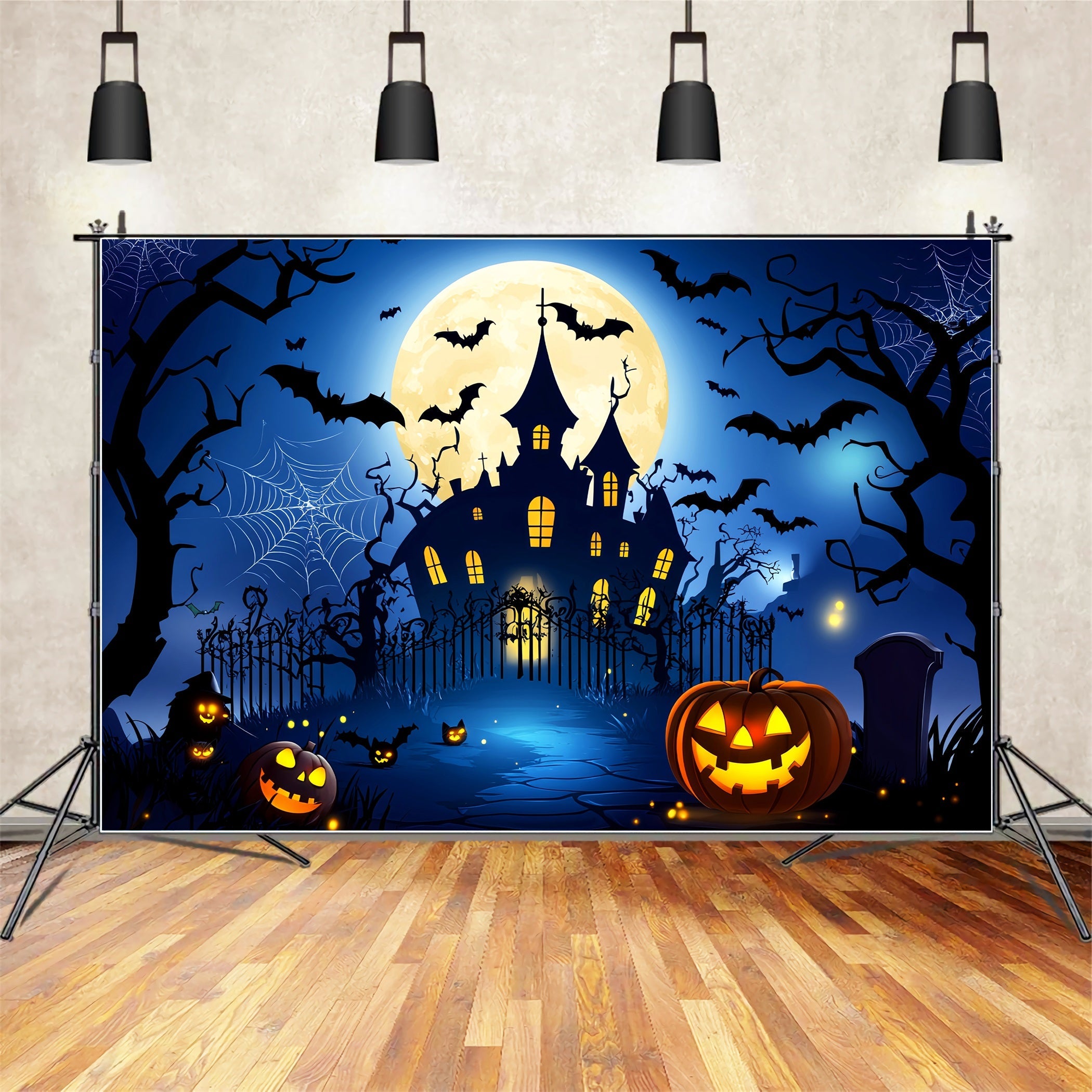 Toile de fond Nouveau-Né Château Maison Hantée Citrouilles Chauves-Souris LXX58-367