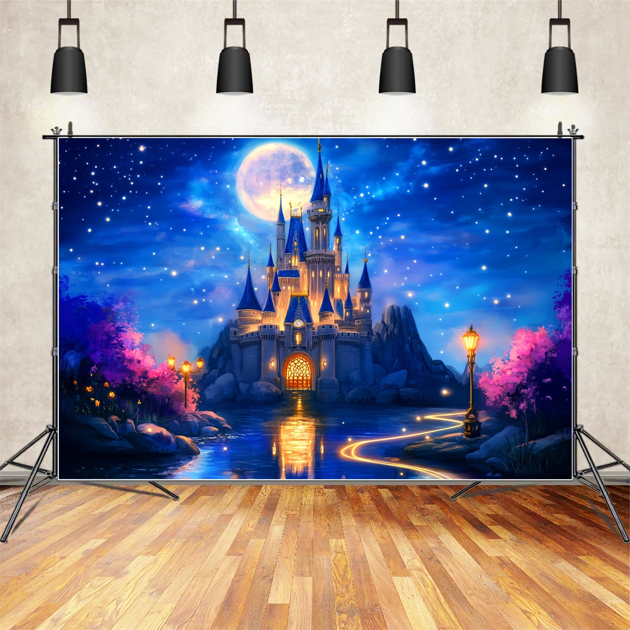 Toile de fond Nouveau-Né Château Nuit Étoilée Fantaisie LXX58-368