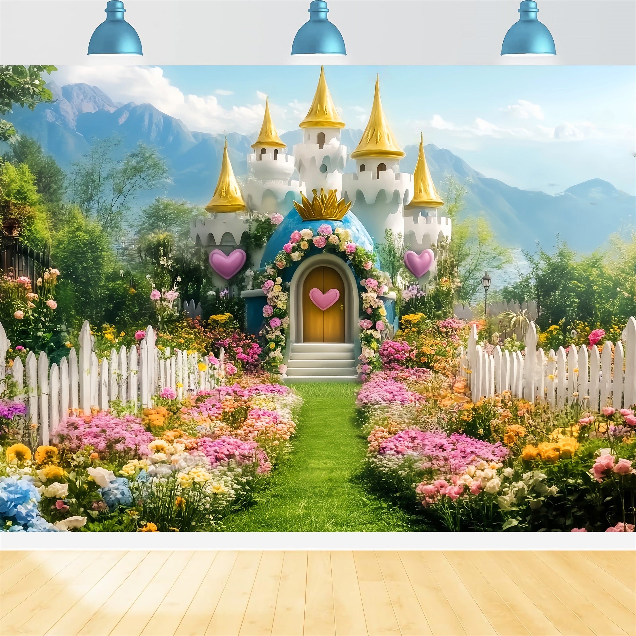 Toile de fond Nouveau-Né Château Jardin Fleuri Conte de Fées LXX58-375