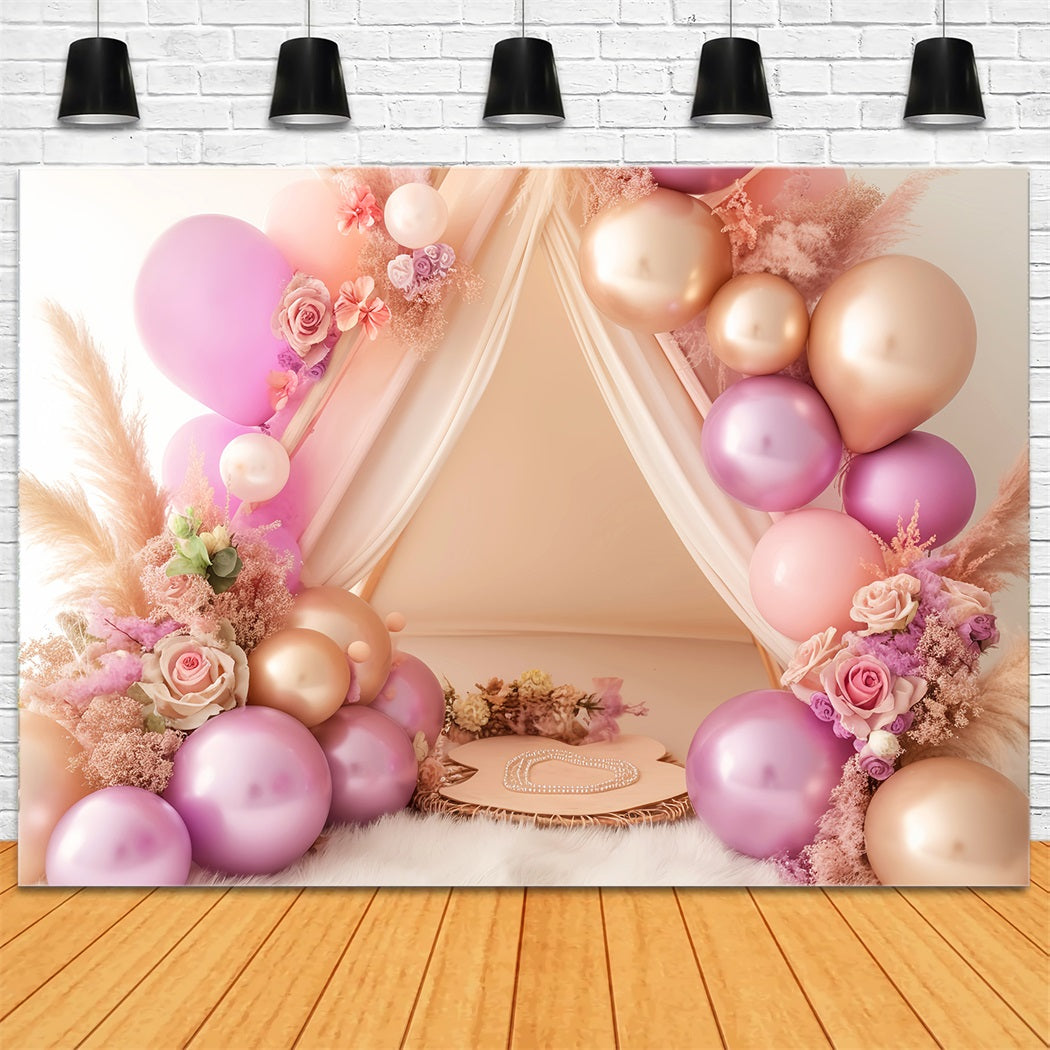 Toile de fond Bébé Tente Florale Ballons Roses LXX58-388