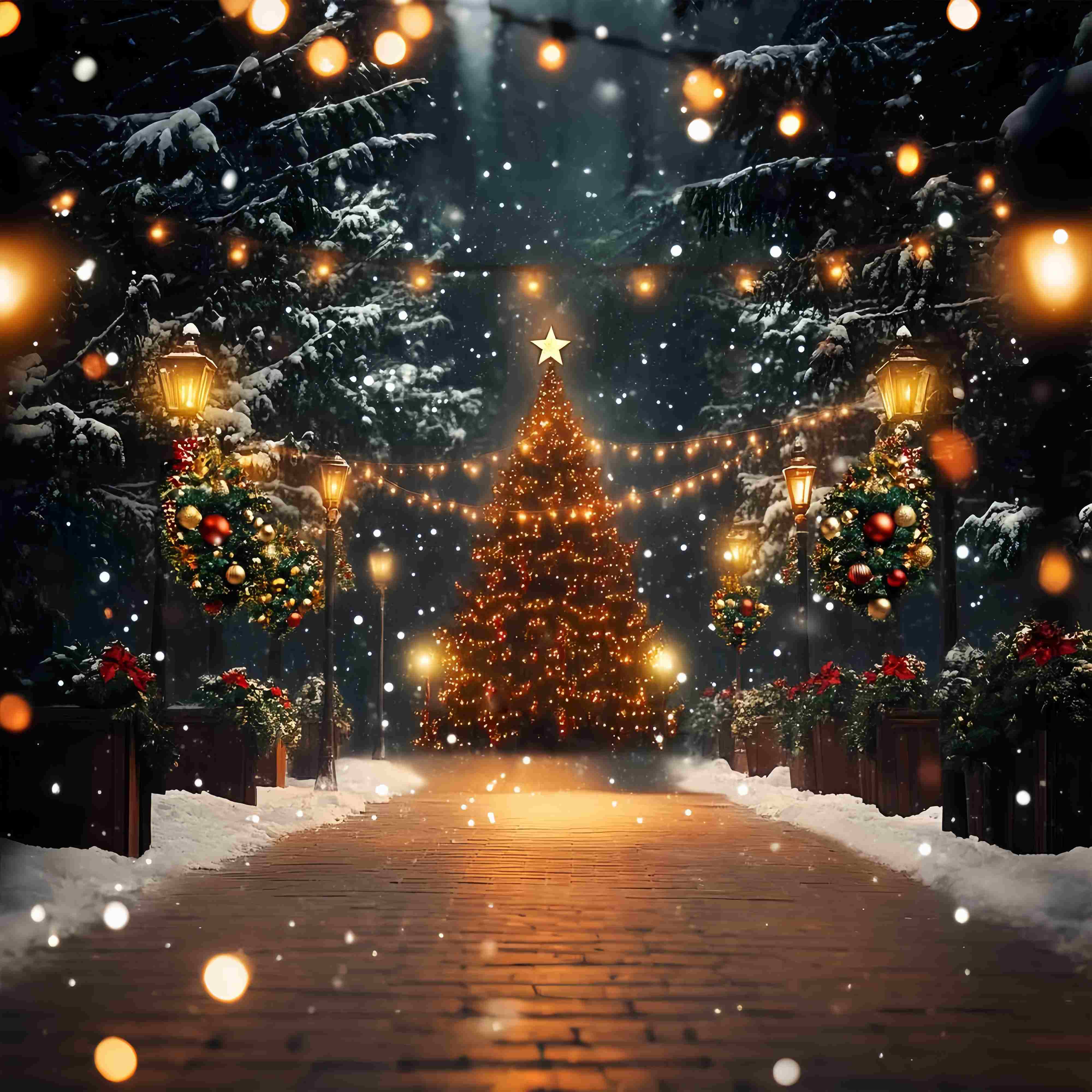 Toile de fond photo Noël Arbres Enneigés Magiques et Lumières LXX58-51
