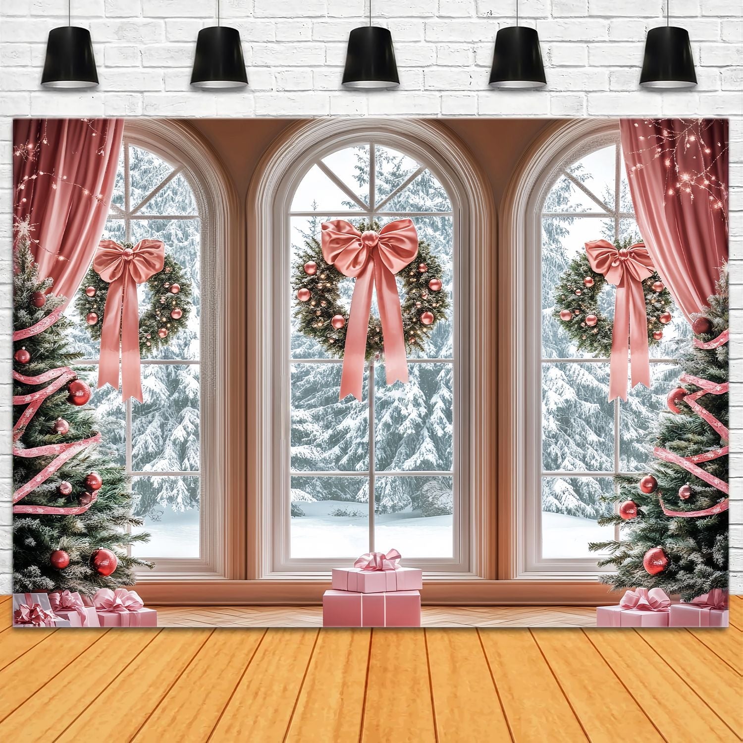 Toile de fond Noël Rose Rubans Roses et Couronnes à la Fenêtre LXX58-52