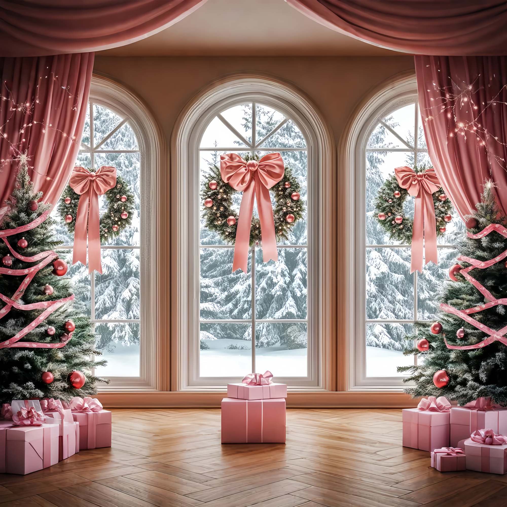 Toile de fond Noël Rose Rubans Roses et Couronnes à la Fenêtre LXX58-52