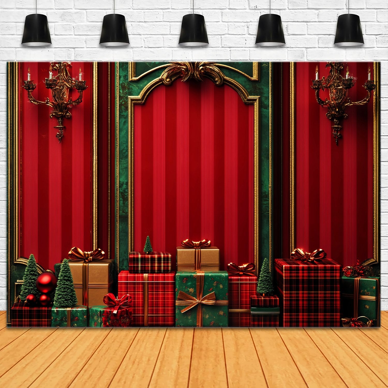 Toile de fond de Noël Mur de Cadeaux Rouge et Vert Classique LXX58-53