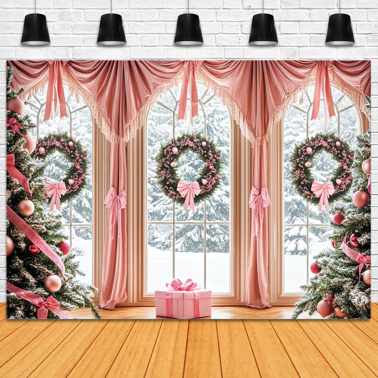 Toile de fond Noël Nœud Rose Élégant et Fenêtre LXX58-57