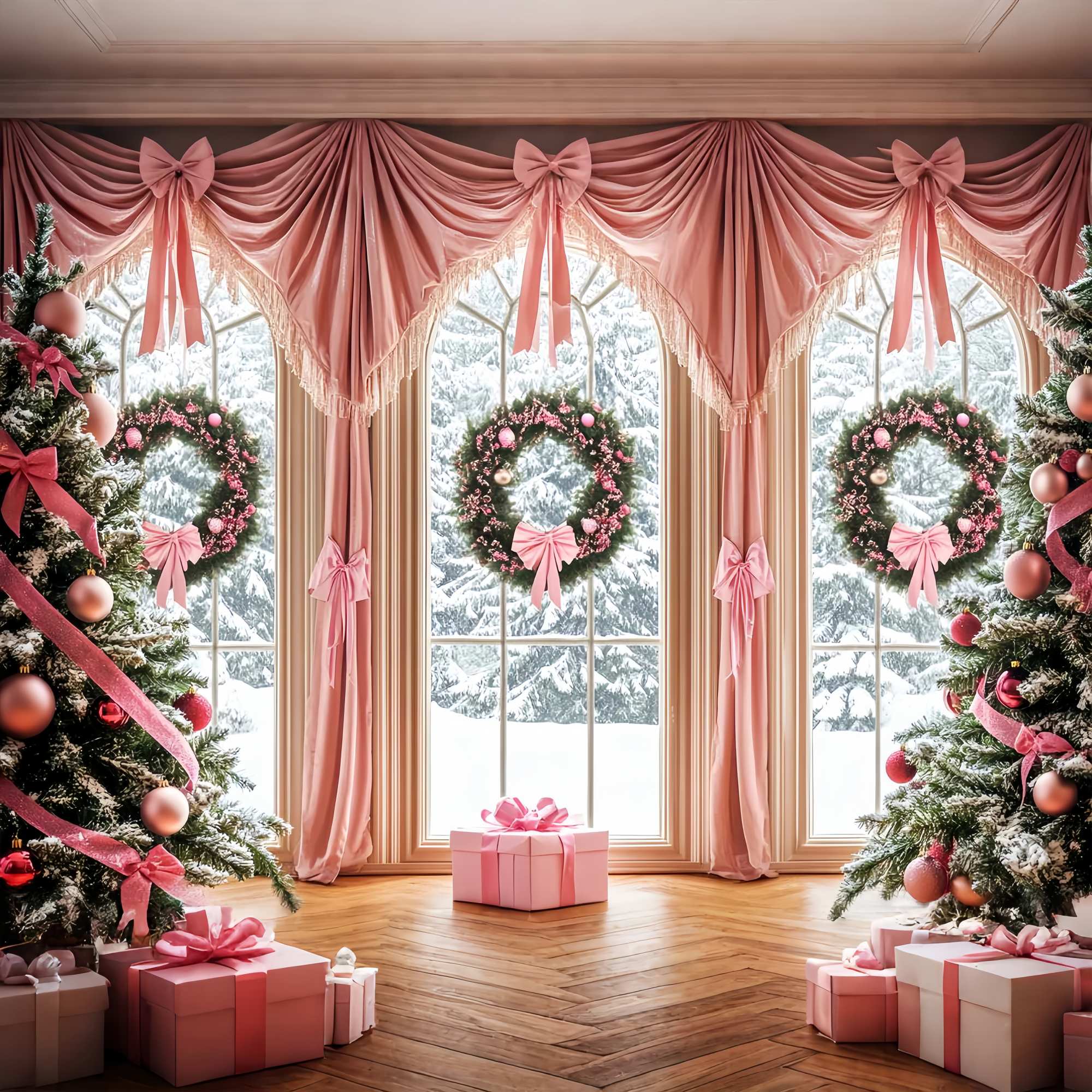 Toile de fond Noël Nœud Rose Élégant et Fenêtre LXX58-57
