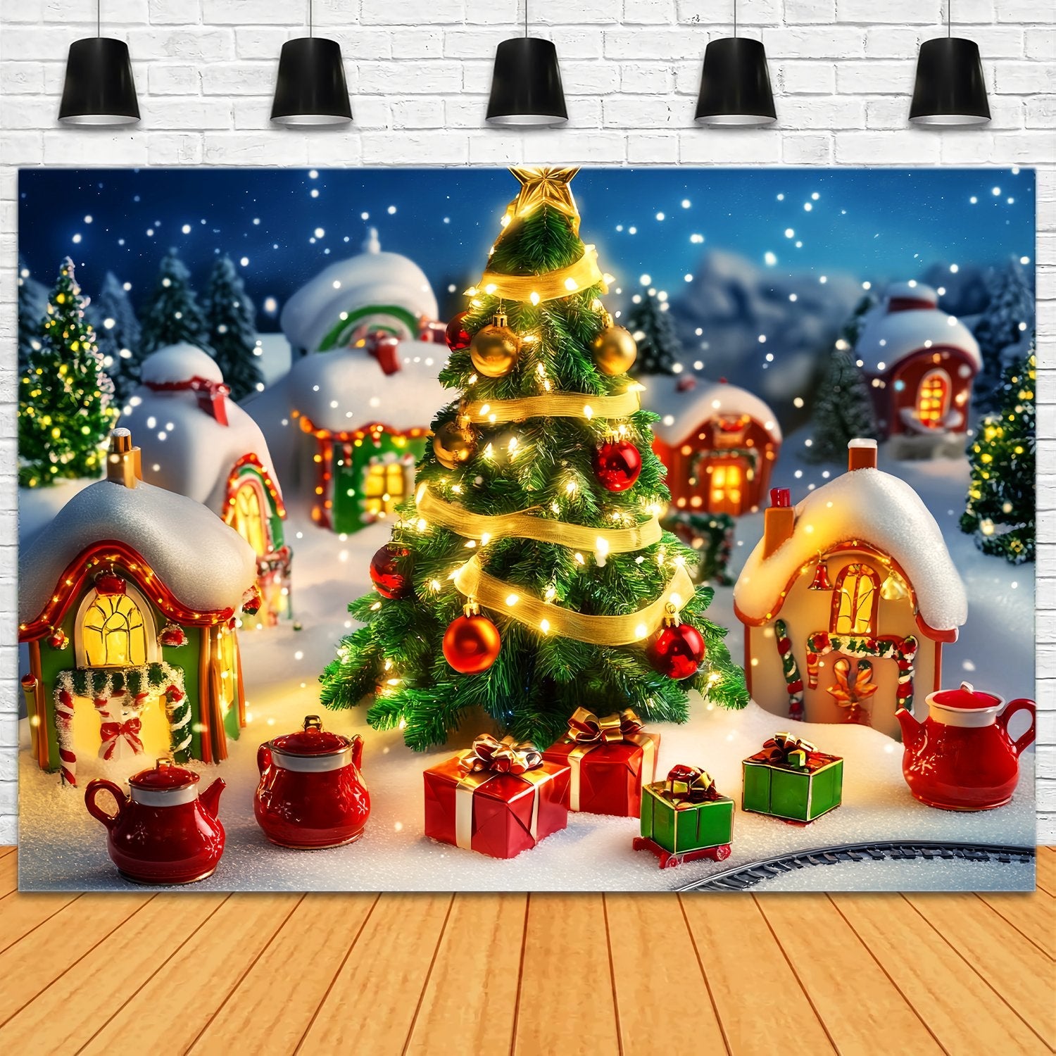 Toile de fond Noël Scène du Sapin et Village de Jouets LXX58-60