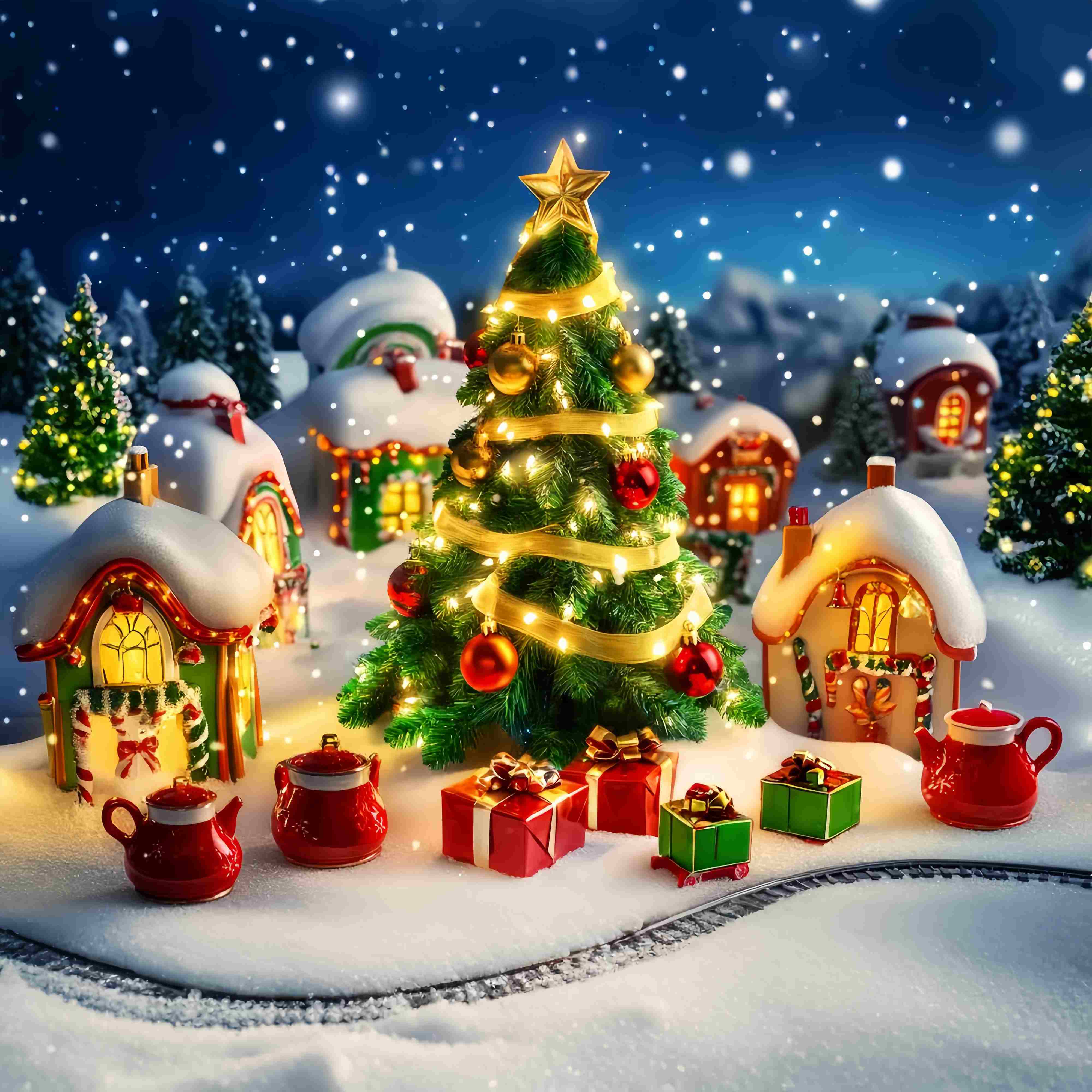 Toile de fond Noël Scène du Sapin et Village de Jouets LXX58-60