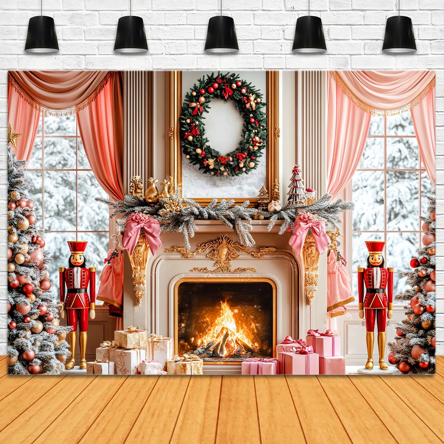 Toile de fond de Noël Décor Rose Casse-Noisette et Cheminée LXX58-62