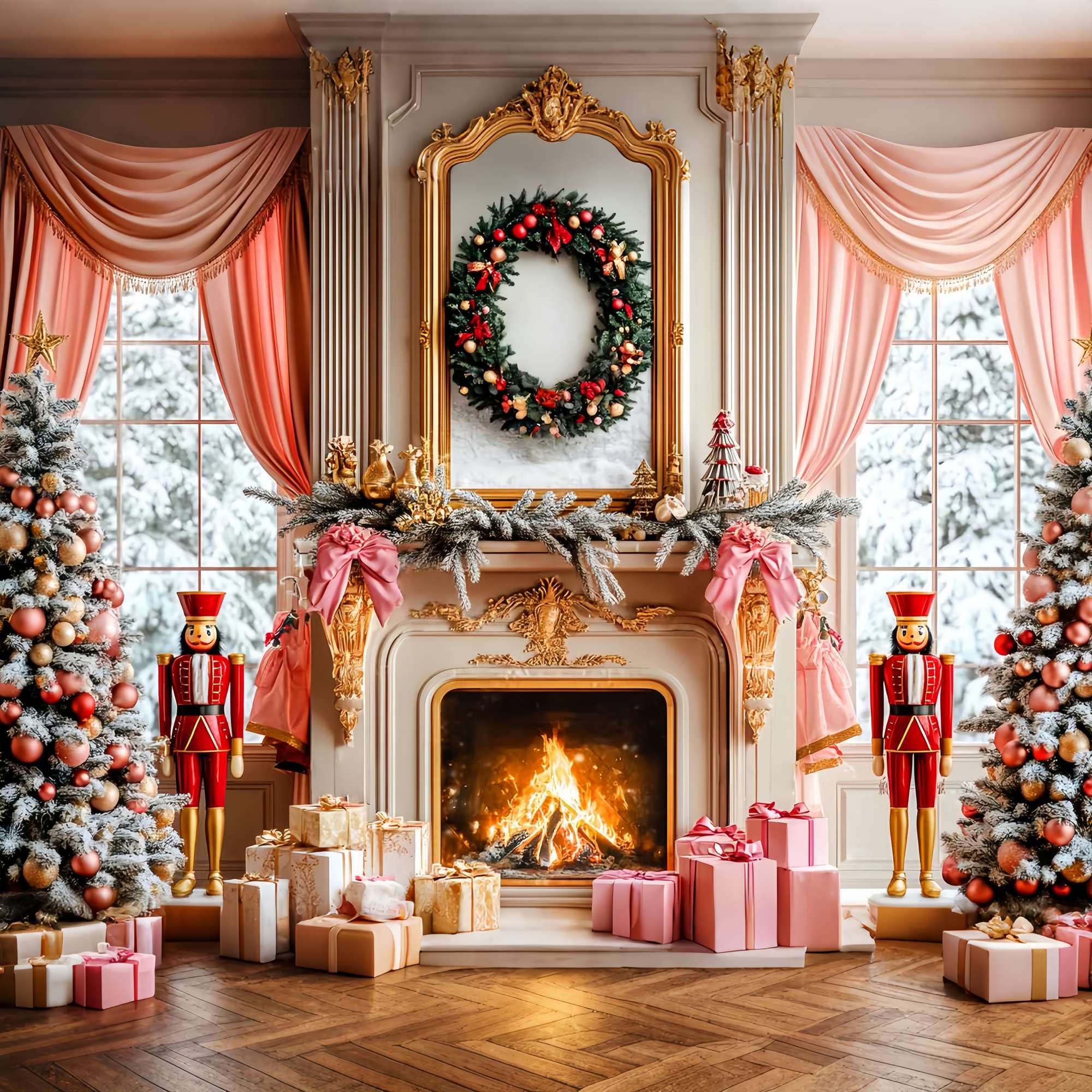 Toile de fond de Noël Décor Rose Casse-Noisette et Cheminée LXX58-62