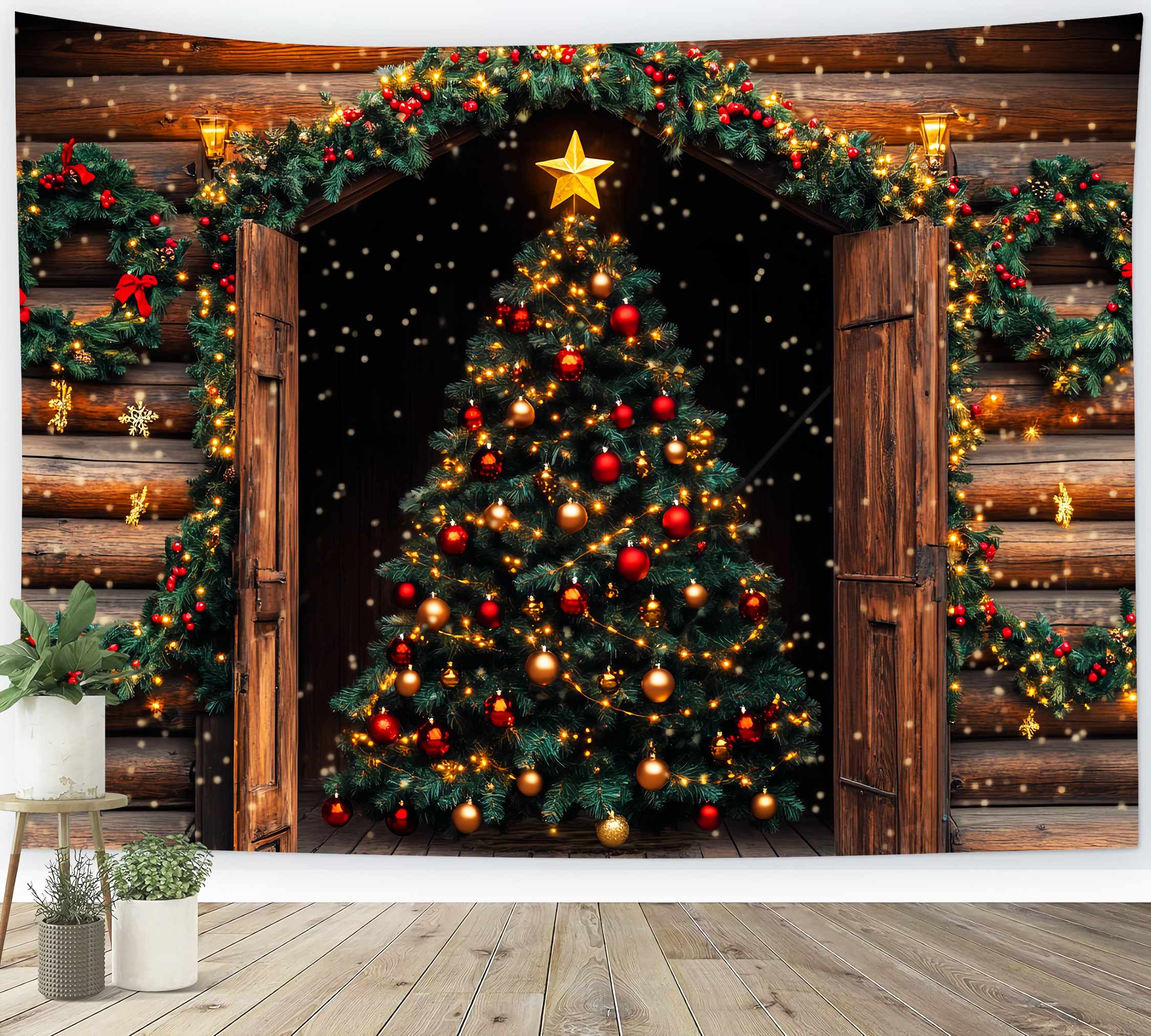 Toile de fond Noël Cabane Rustique avec Sapin Illuminé LXX58-63