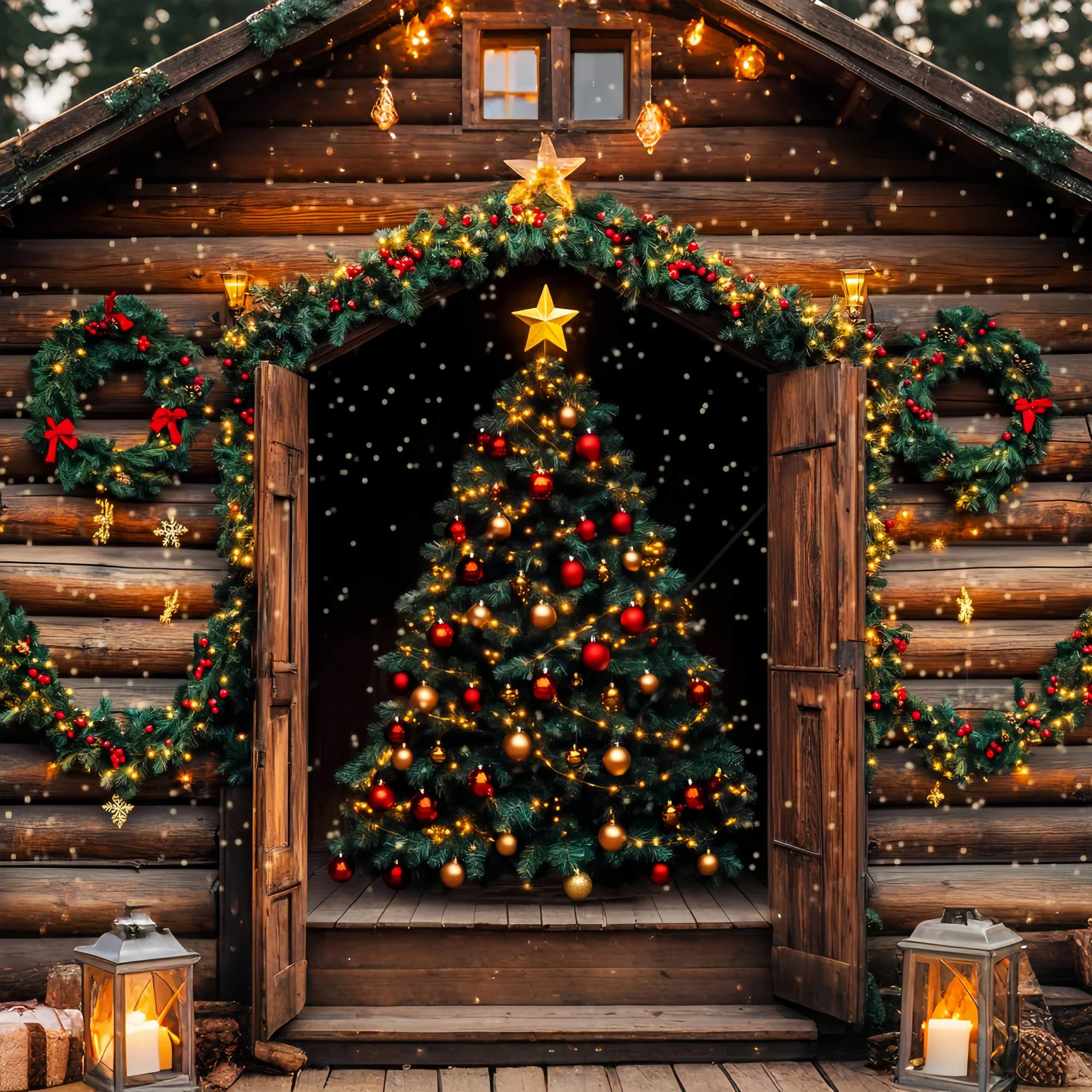 Toile de fond Noël Cabane Rustique avec Sapin Illuminé LXX58-63