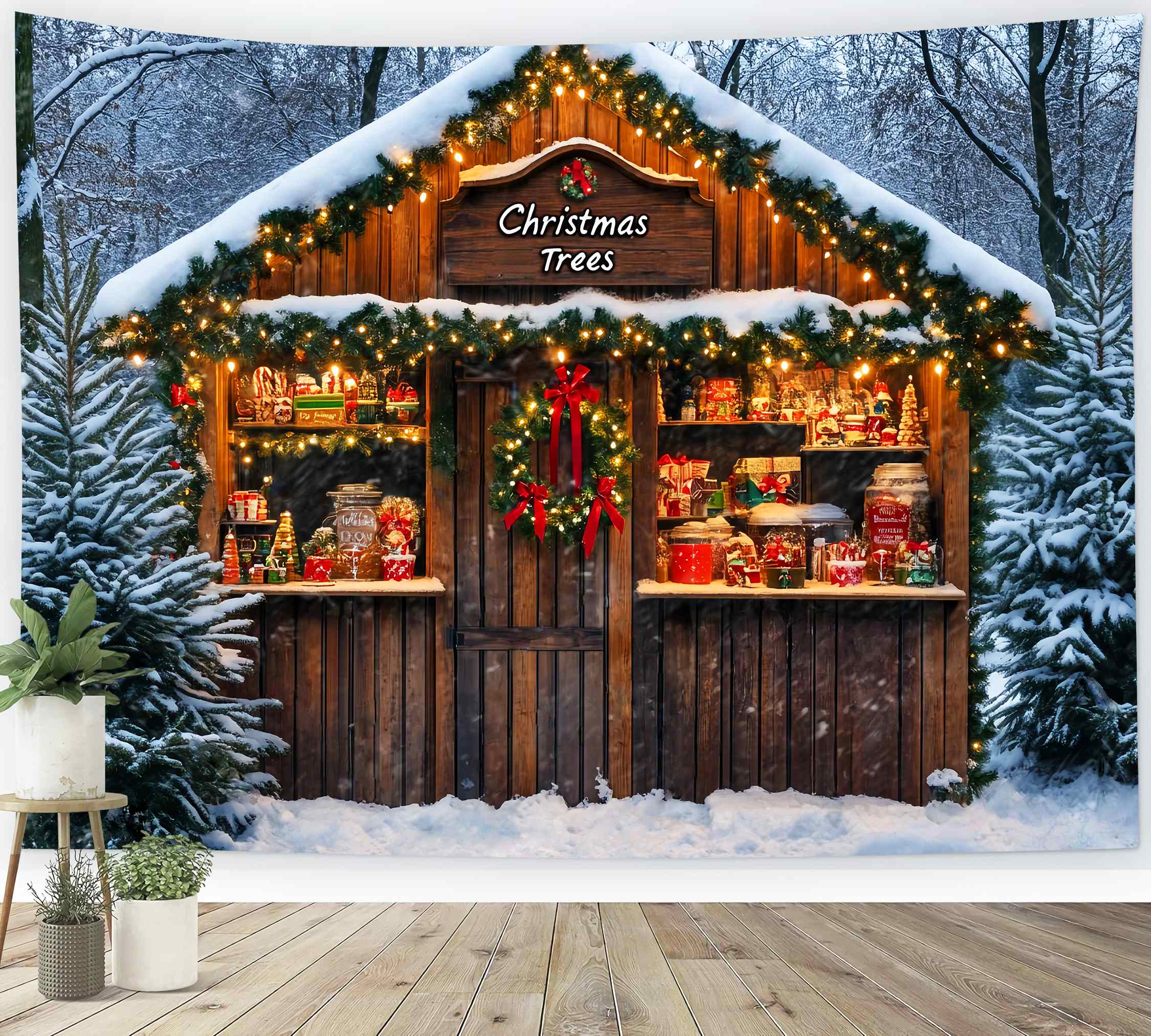 Toile de fond Noël Forêt Enneigée et Cabane Sucrée LXX58-65