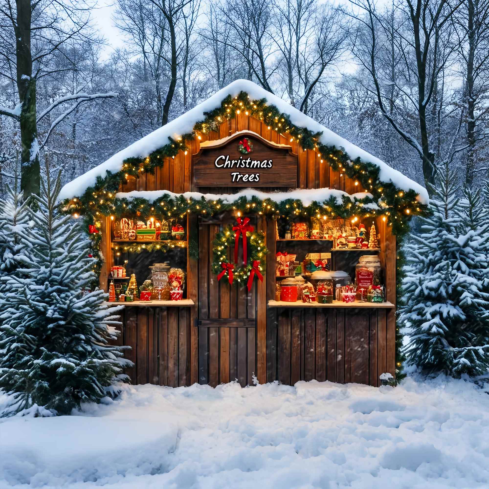 Toile de fond Noël Forêt Enneigée et Cabane Sucrée LXX58-65