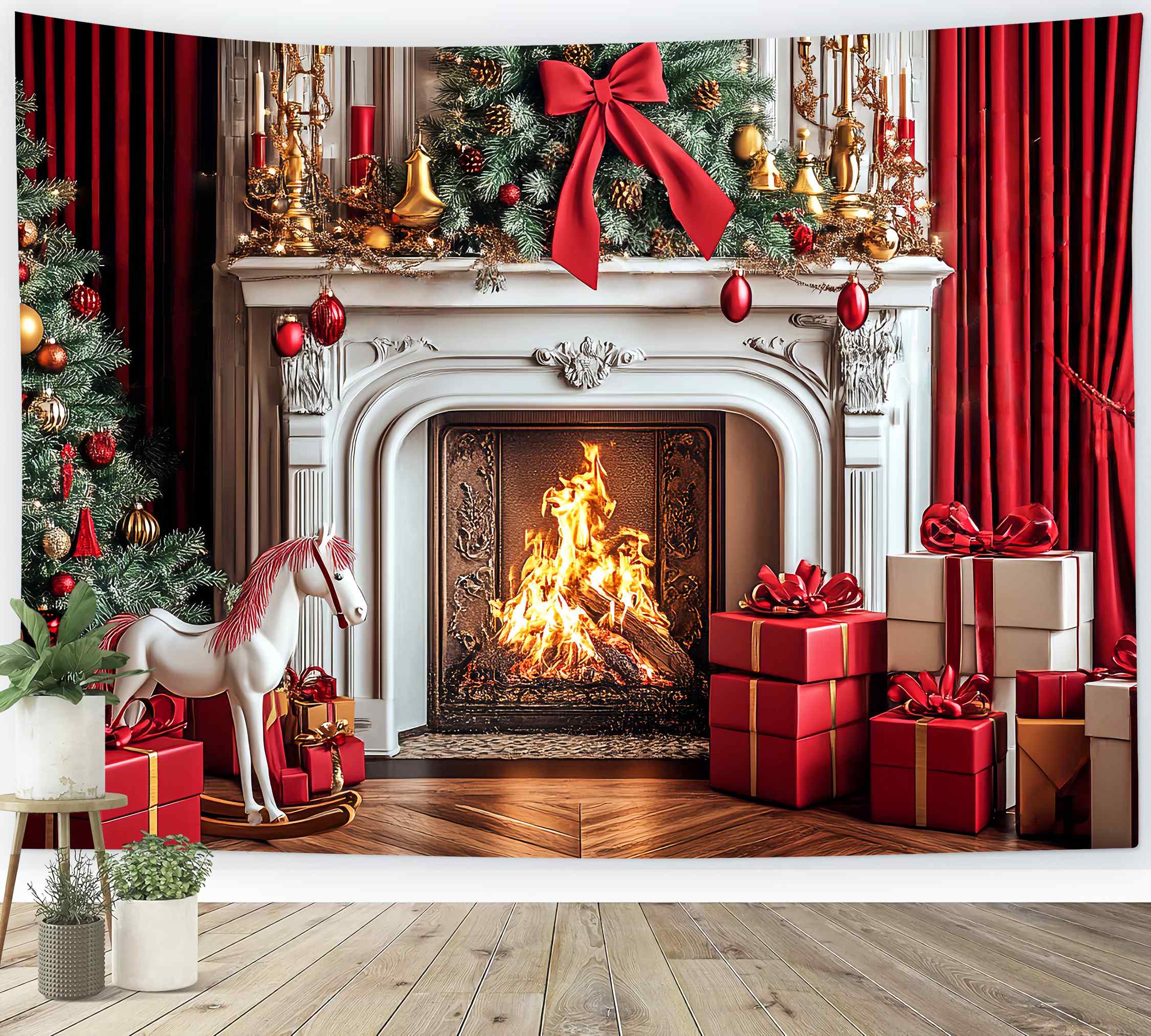 Toile de fond Noël Cheminée Classique Rouge et Or LXX58-69