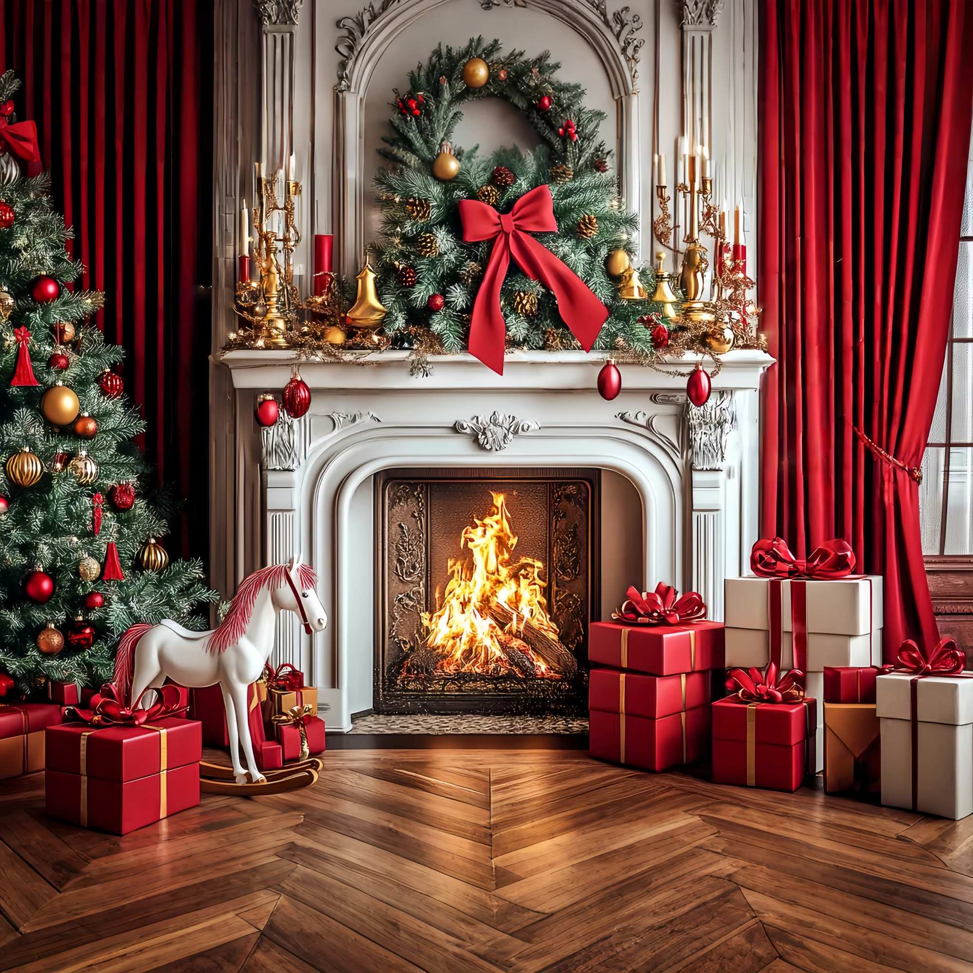 Toile de fond Noël Cheminée Classique Rouge et Or LXX58-69
