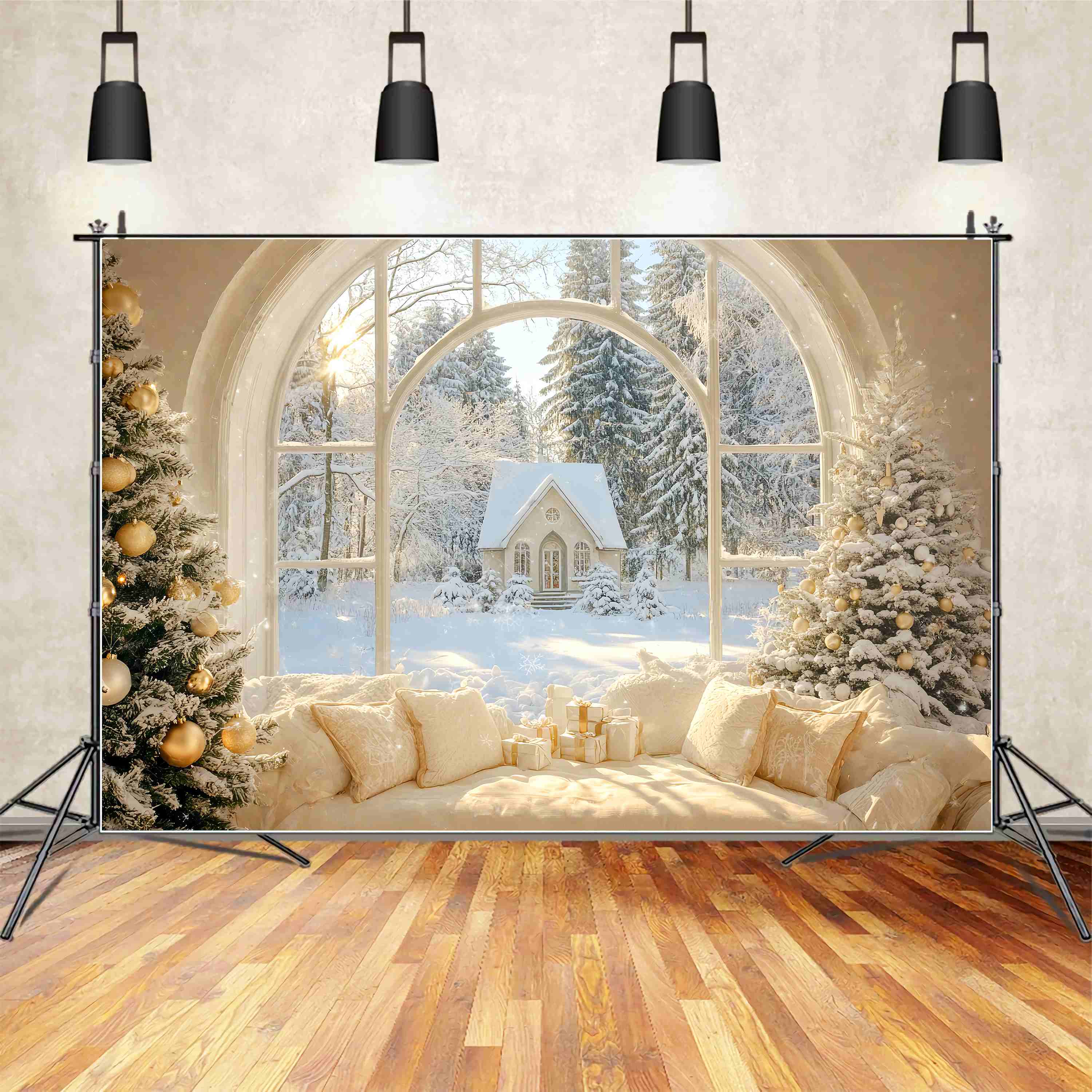 Toile de fond photo Noël Fenêtre Chalet Hivernal Doré LXX58-73