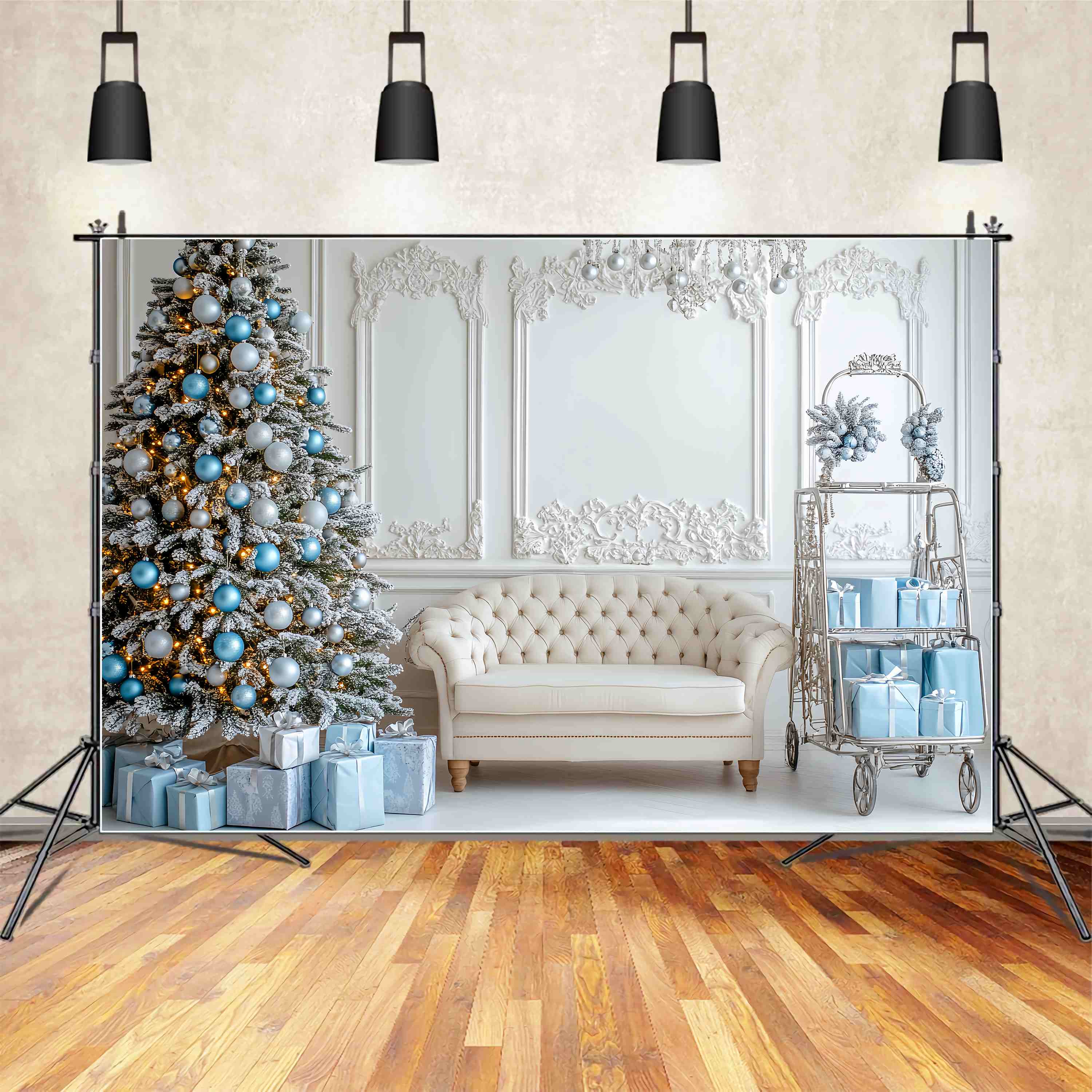Toile de fond Noël Salon Bleu Givré aux Boules LXX58-74