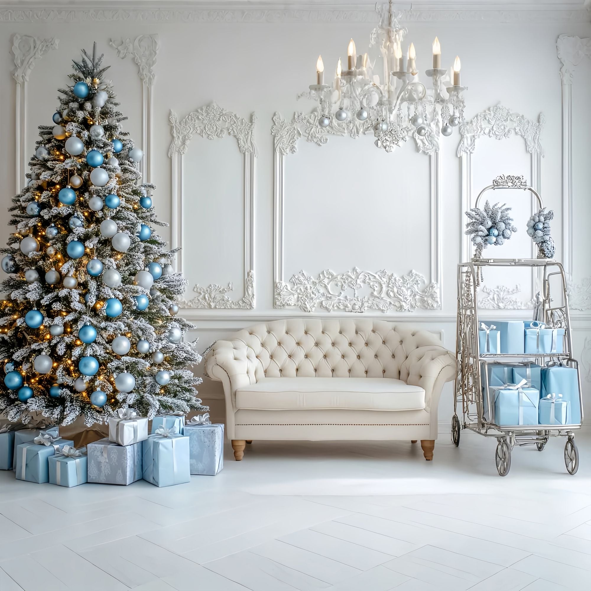 Toile de fond Noël Salon Bleu Givré aux Boules LXX58-74
