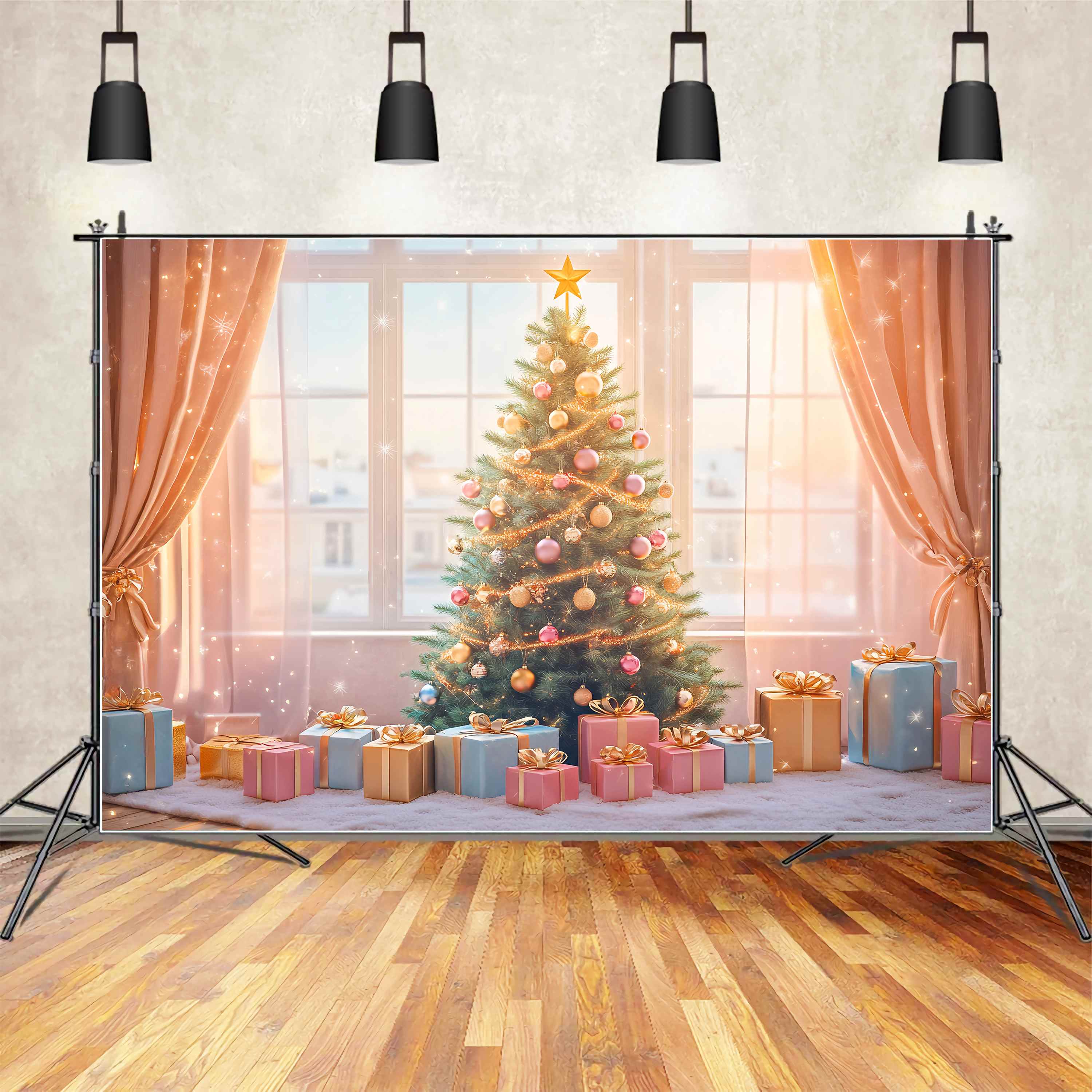 Toile de fond Noël Sapin Cadeaux Éclats Dorés LXX58-75